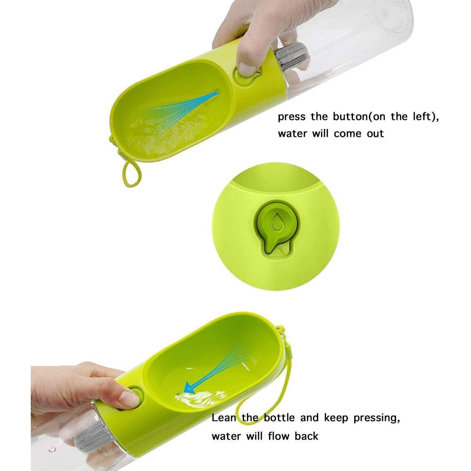 Eine Hand benutzt eine grüne Wasserflasche mit einer Taste zum Ausgeben und Wiederbefüllen von Wasser. Anweisungen: 'Taste drücken zum Ausgeben', 'Neigen zum Nachfüllen'.