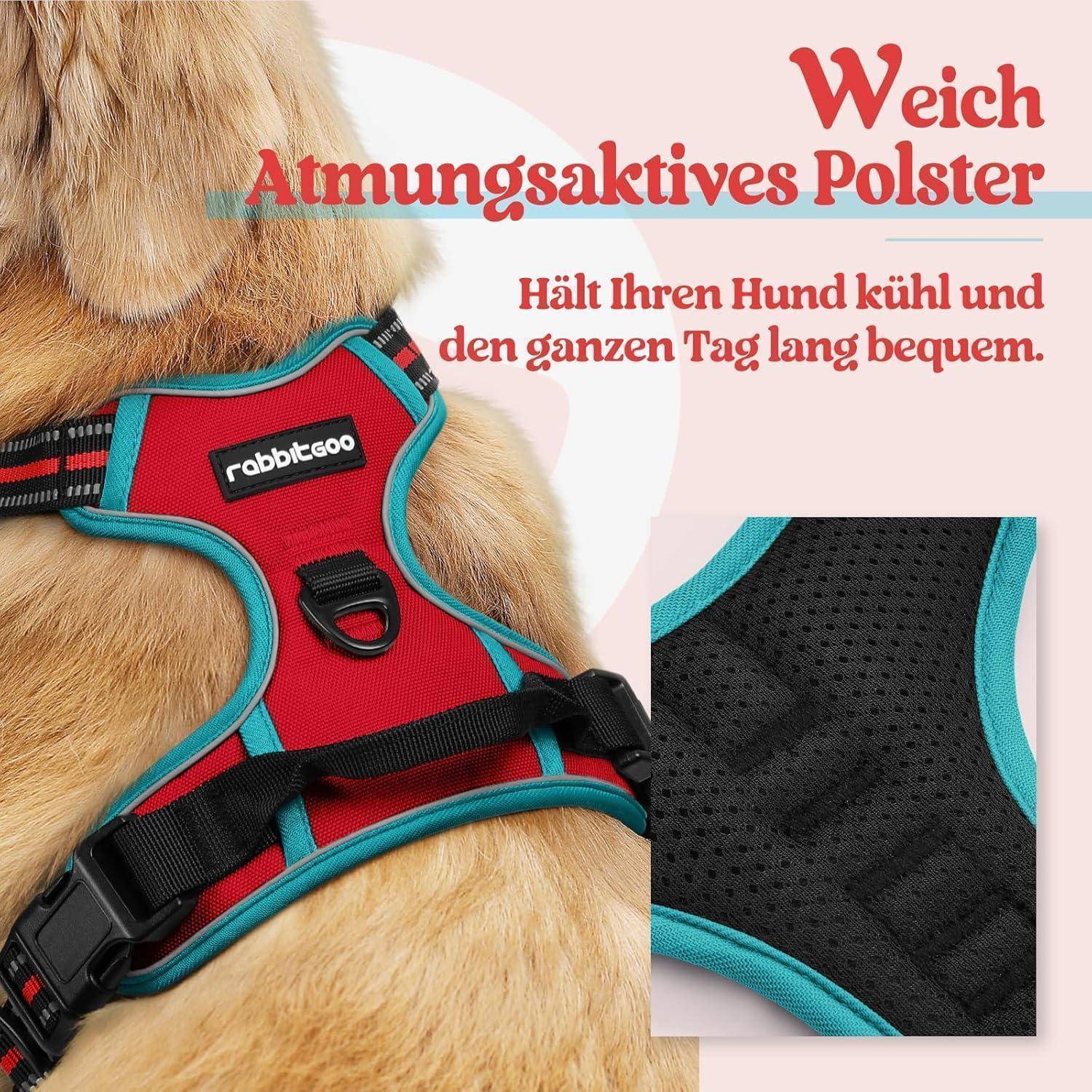 Ein Hund trägt ein atmungsaktives Geschirr in Rot und Schwarz. Der deutsche Text hebt seine Komfort- und Kühlungseigenschaften für den ganztägigen Einsatz hervor.