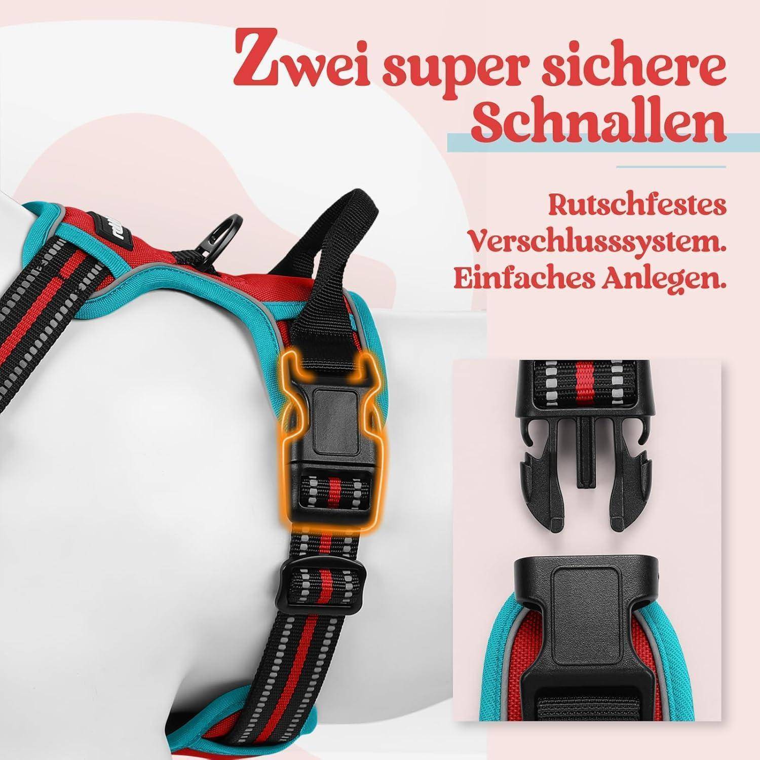 Ein Geschirr mit 'Zwei super sichere Schnallen' und 'Rutschfestes Verschlusssystem. Einfaches Anlegen.