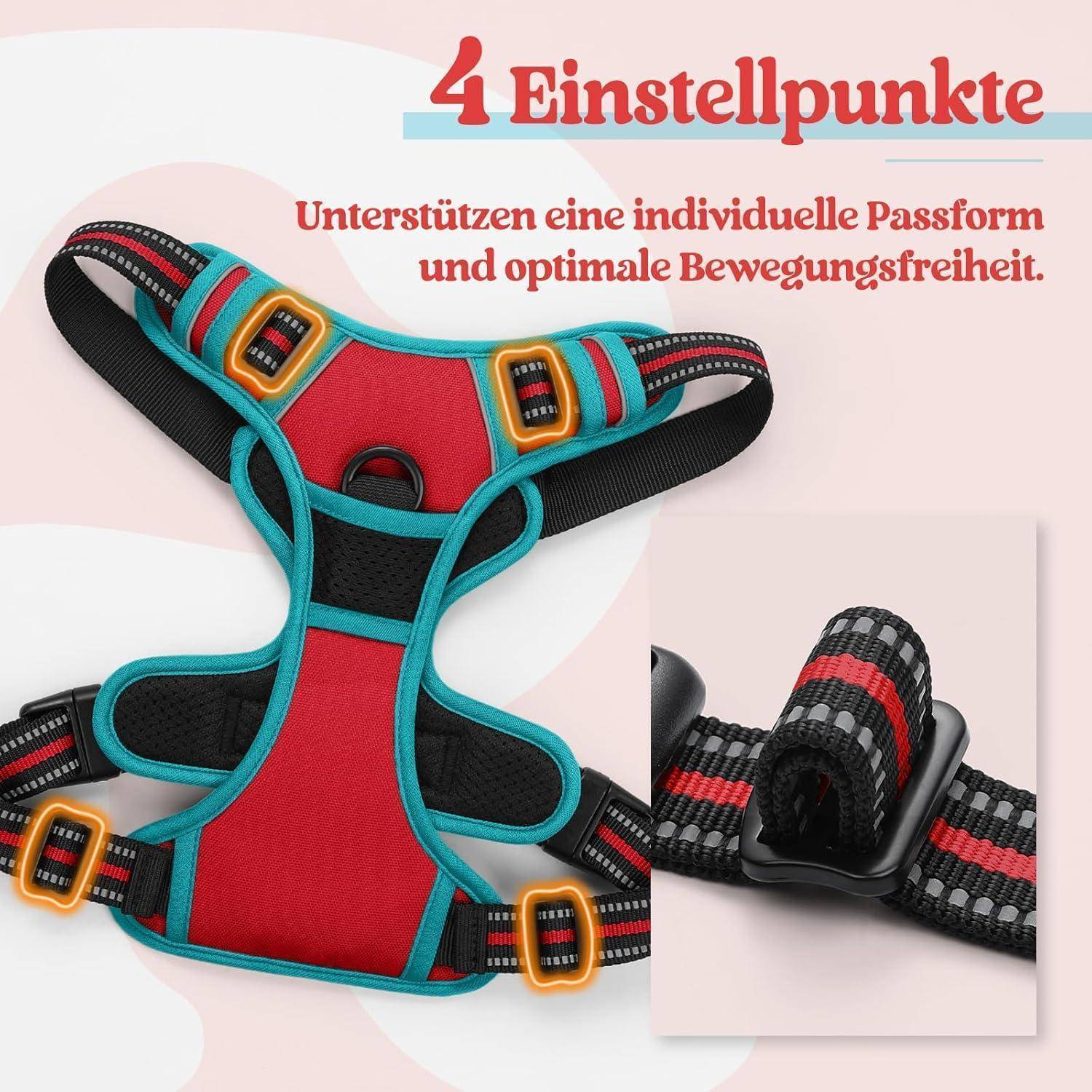 4 Einstellpunkte' Hundegeschirr mit verstellbarer Passform und verbesserter Beweglichkeit. Detailaufnahme einer Schnalle inklusive.