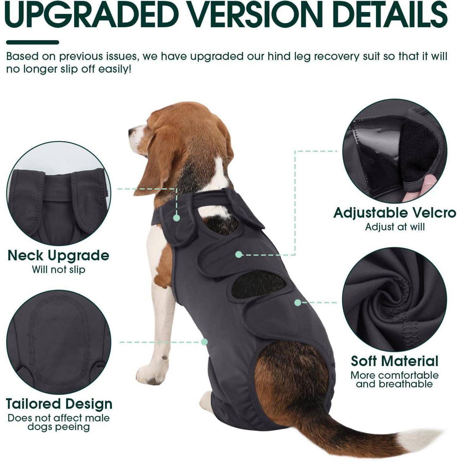 Hund in einem schwarzen Genesungsanzug mit Diagramm-Beschriftungen: 'Verstellbarer Klettverschluss', 'Weiches Material', 'Nacken-Upgrade', 'Maßgeschneidertes Design', die Merkmale beschreiben.