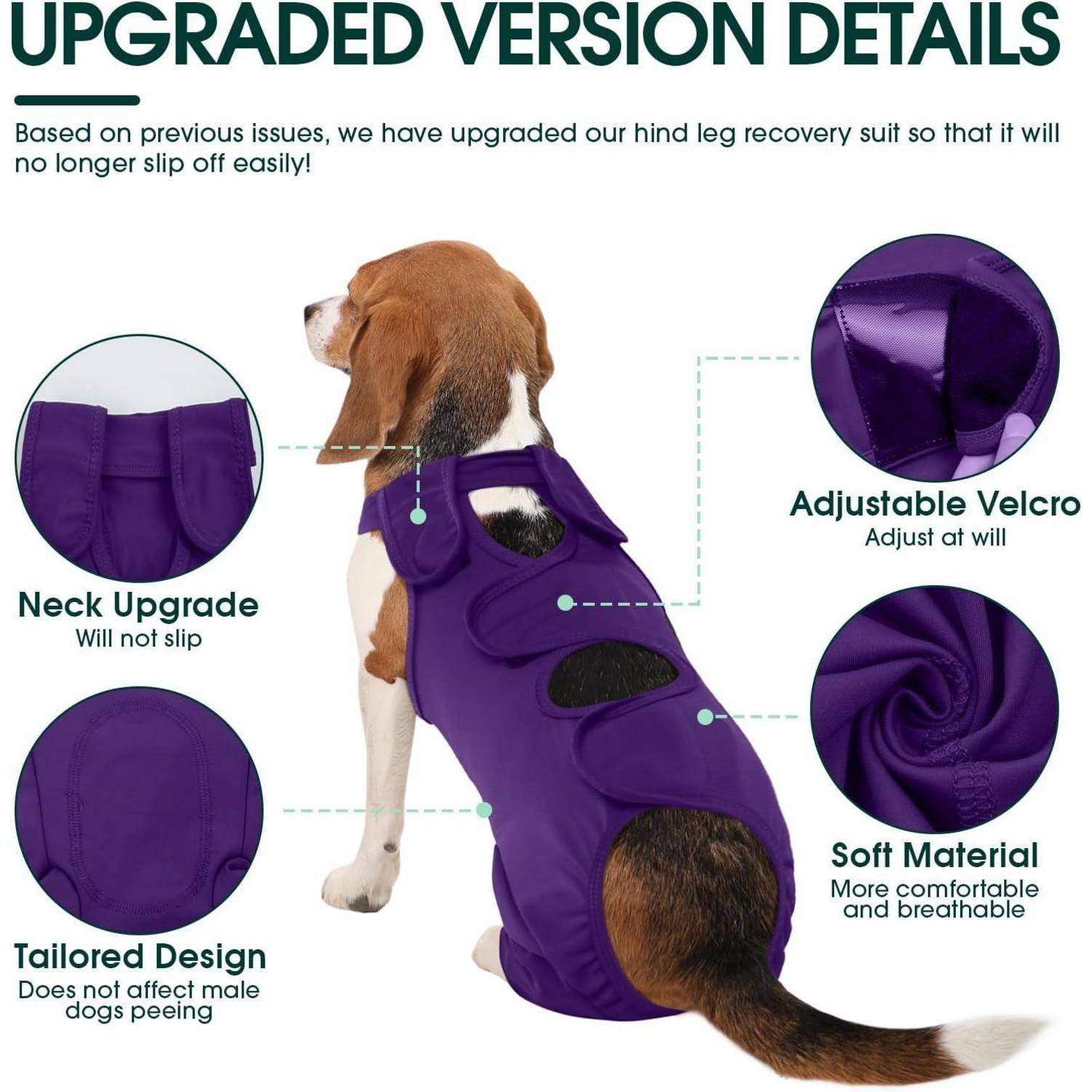 Ein Hund trägt einen lila Genesungsanzug mit Informationen zu 'Nacken-Upgrade', 'Maßgeschneidertes Design', 'Verstellbarer Klettverschluss' und 'Weicher Stoff'.