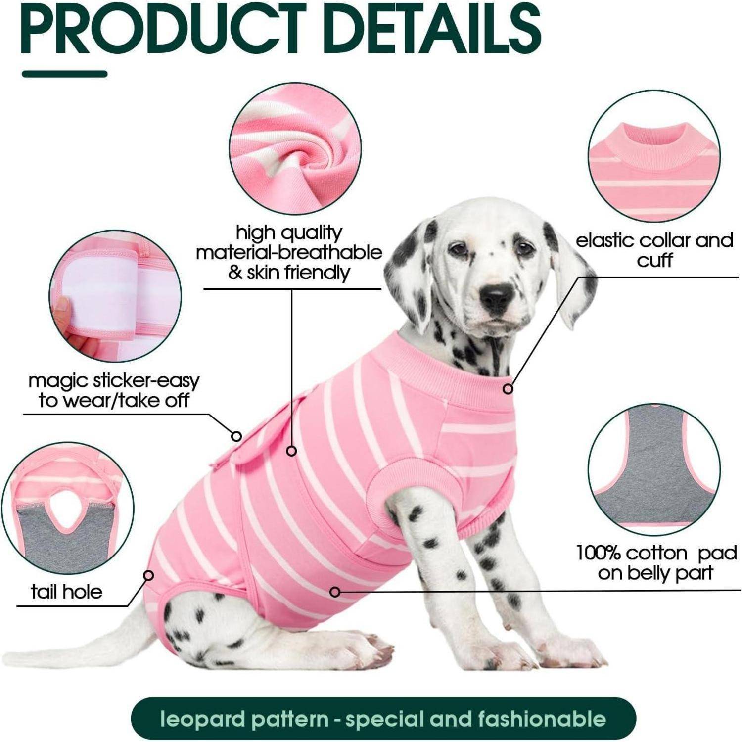 Dalmatiner-Welpe mit gestreiftem rosa Outfit. Etiketten zeigen Merkmale: atmungsaktives Material, elastischer Kragen, Klettband und Schwanzausschnitt.