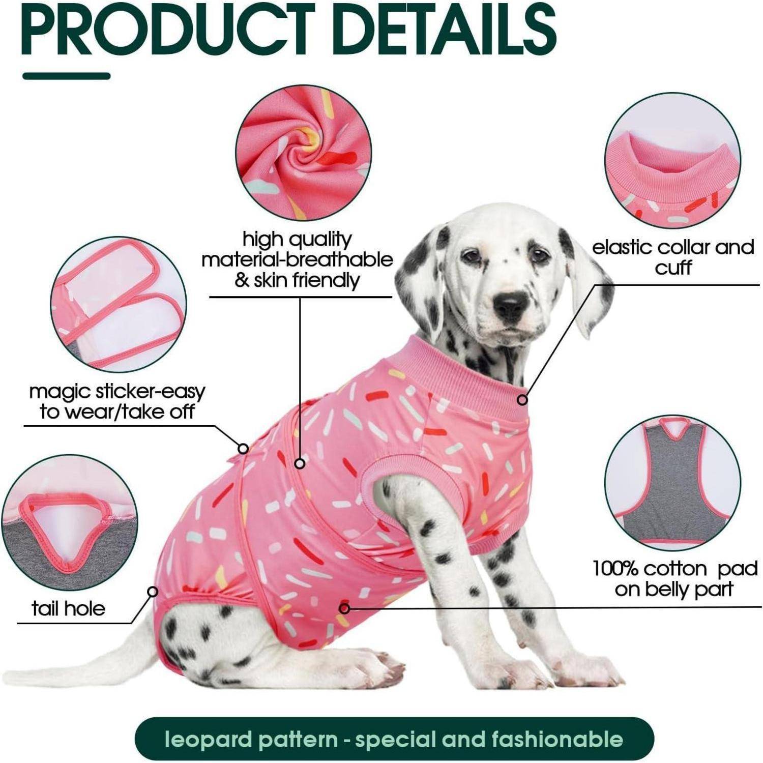 Dalmatiner-Welpe trägt einen rosafarbenen Pullover mit Donut-Muster. Eigenschaften: hochwertige Materialqualität, elastischer Kragen und Bündchen, Klettband für einfaches Anziehen, Schwanzöffnung, 100% Baumwolle.