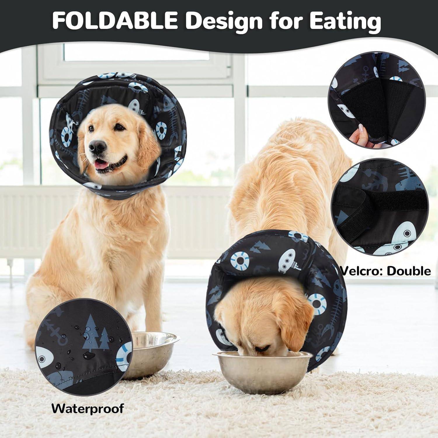 Design für eine faltbare Esskragen zeigt einen Hund, der einen wasserdichten, faltbaren Kragen mit Fokus auf Klettverschluss zur Anpassung trägt.