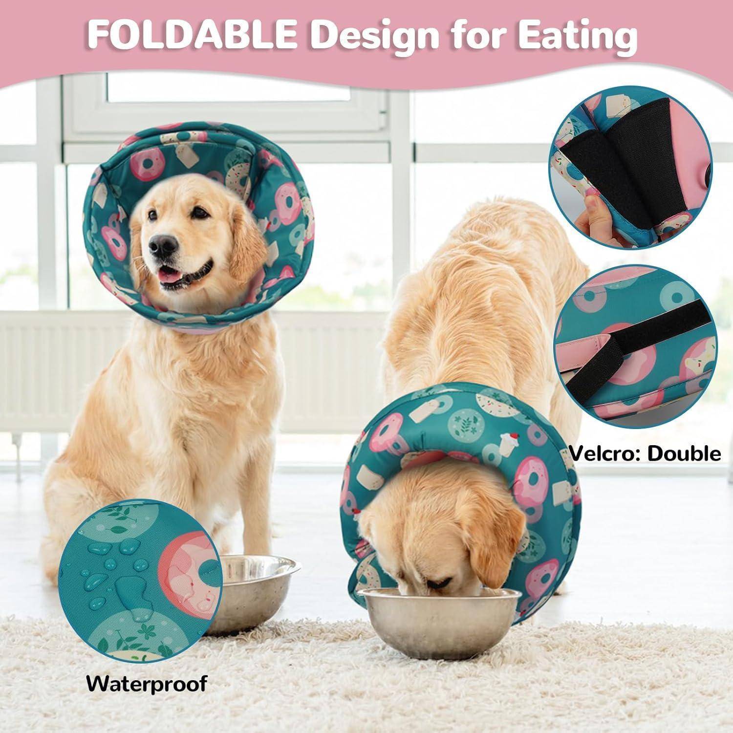 Zwei Hunde tragen faltbare, wasserdichte Kragen und essen aus Schüsseln. Einblendungen zeigen eine Nahaufnahme des Kragens-Materials und des doppelten Klettbands.