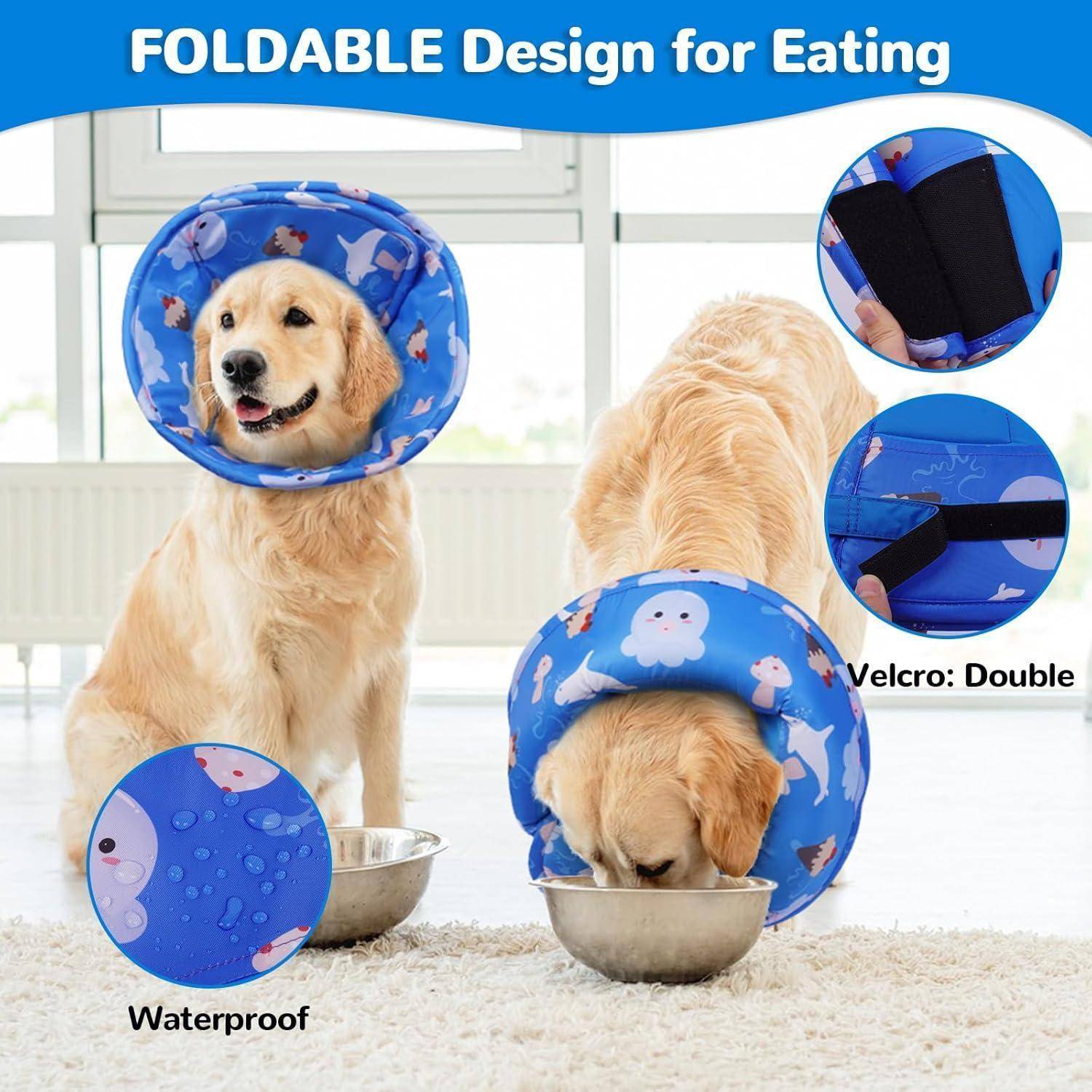 Golden Retriever mit einer blauen Schutzhalskrause, die ein gedrucktes Muster trägt, beim Essen aus einer Schüssel. Einblendungen zeigen den wasserfesten Stoff der Halskrause und den doppelten Klettverschluss. Text lautet: 