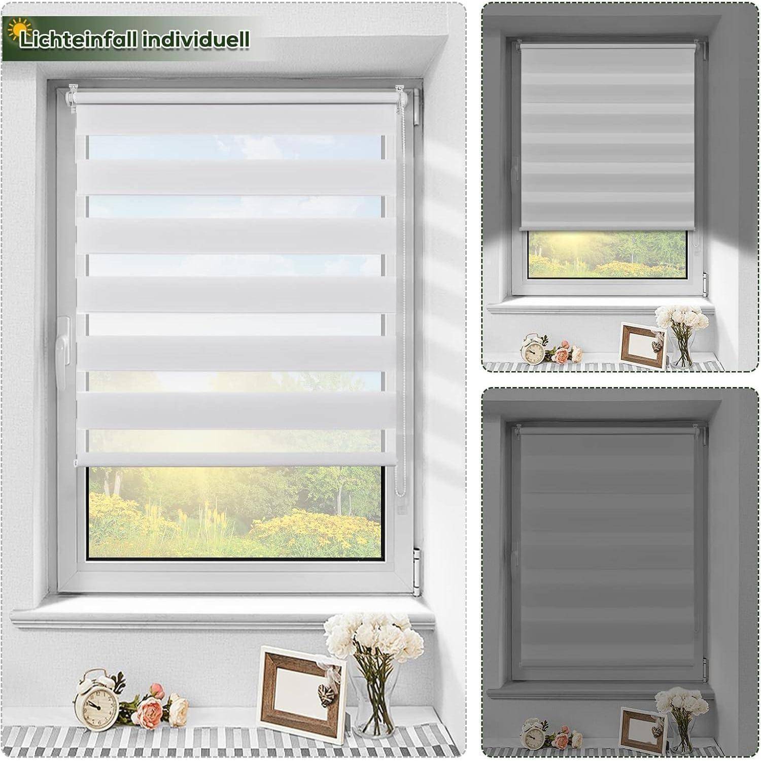 Rollos mit horizontalen Streifen an einem Fenster. Der linke Rollo ist teilweise geöffnet und gibt den Blick auf einen üppigen Garten frei; der rechte Rollo ist vollständig geschlossen.