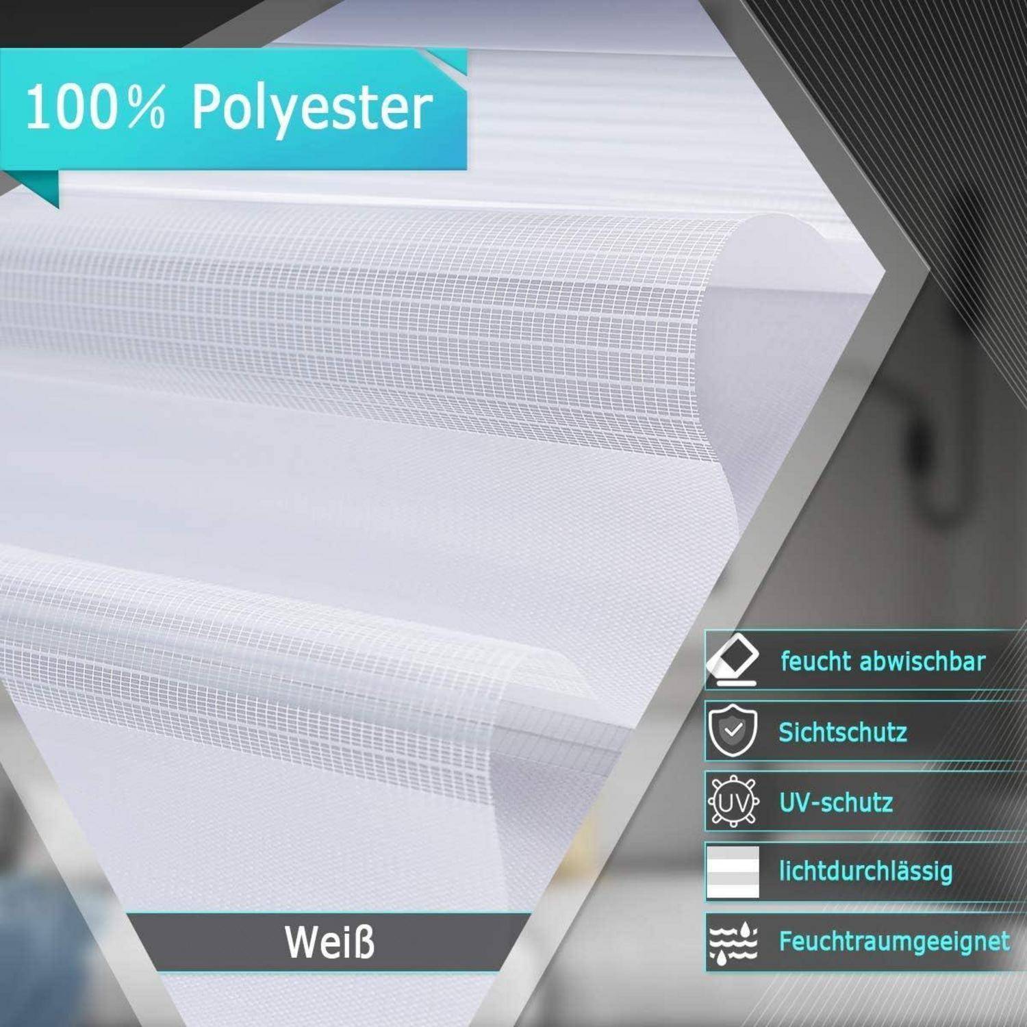 Ein weißer Polyester-Vorhang wird gezeigt. Texthighlights heben seine Eigenschaften hervor: '100% Polyester', 'Feuchtigkeitsbeständig', 'Leicht zu reinigen', 'UV-durchlässig', 'Geeignet für feuchte Räume'.