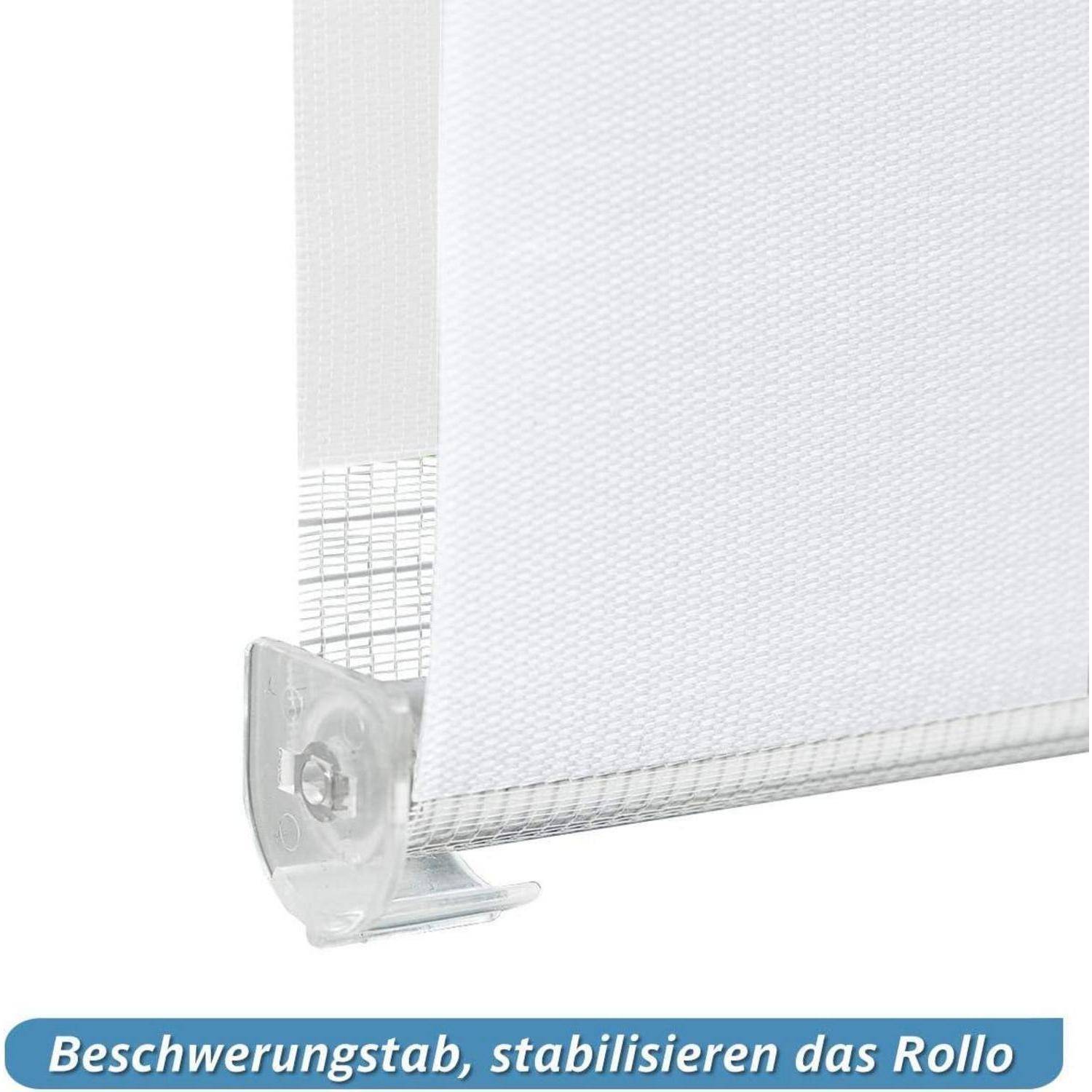 Ein weißer Rollo mit einer Stabilisierungsstange am unteren Ende, mit der Beschriftung 'Beschwerungsstab, stabilisieren das Rollo' darunter.