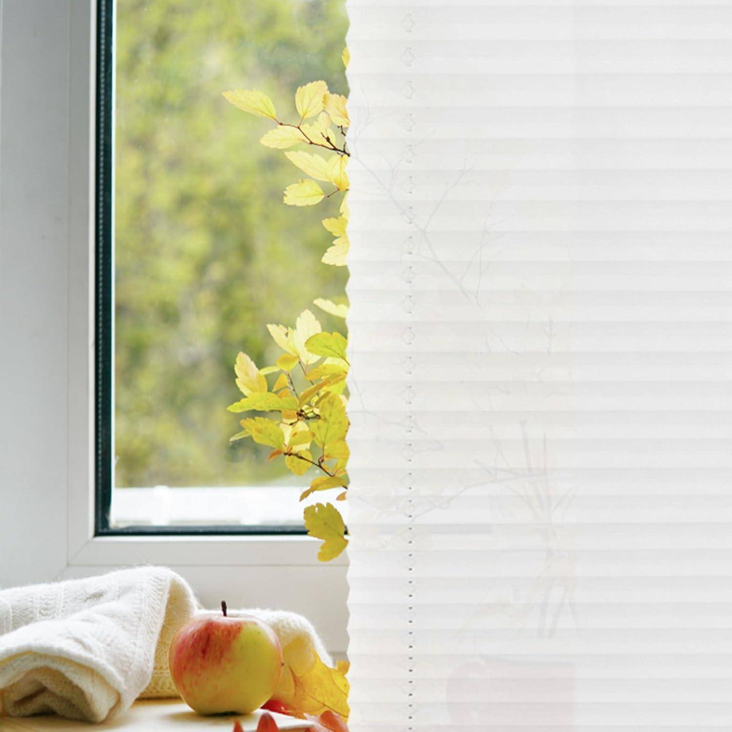Ein Apfel und ein Handtuch liegen auf der Fensterbank, daneben ein belaubter Zweig. Das Fenster gibt den Blick auf Grünflächen frei, die teilweise von durchsichtigen Jalousien verdeckt werden.
