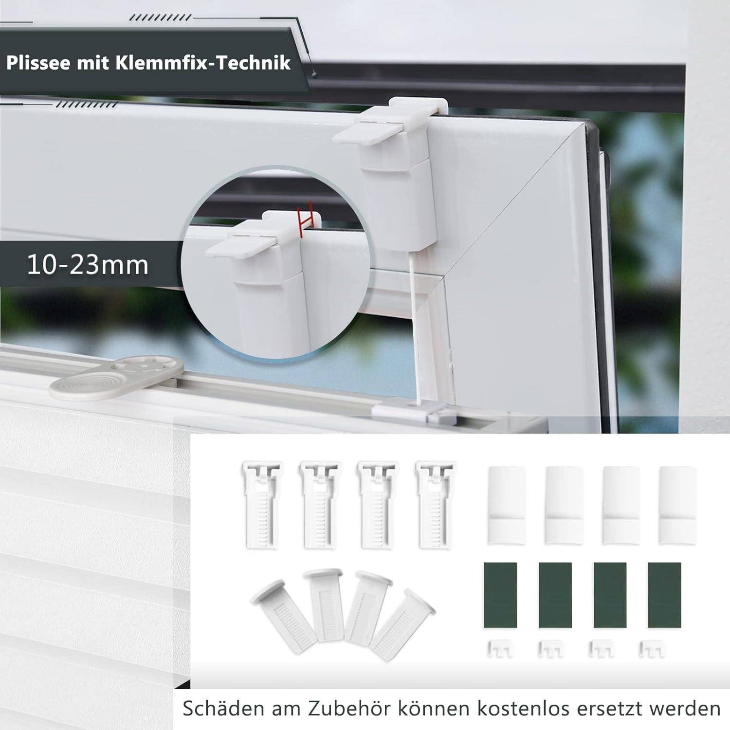 Eine Anleitung zur Montage von Jalousien zeigt eine Klammer, die an einem Fensterrahmen positioniert ist, mit einer beschrifteten Distanz von '10-23 mm', und Ersatzteile darunter.