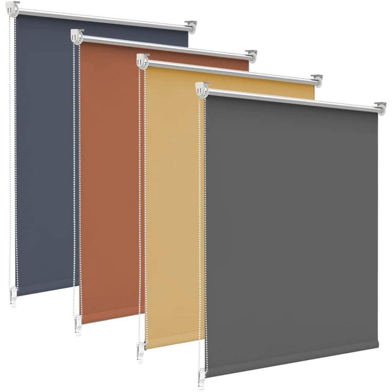 Vier farbige Rollläden in Blau, Braun, Gelb und Grau diagonal angeordnet, die verschiedene Optionen für Fensterbekleidungen präsentieren.