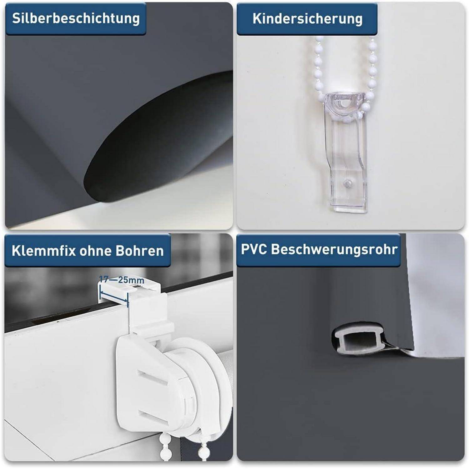Das Bild zeigt ein vierteiliges Raster mit Details zu einem Rollo: 'Silberbeschichtung' (Silberbeschichtung), 'Kindersicherung' (Kindersicherheit), 'Klemmfix ohne Bohren' (Klemmhalterung ohne Bohren) und 'PVC Beschwerungsrohr' (PVC-Gewichtsrohr).