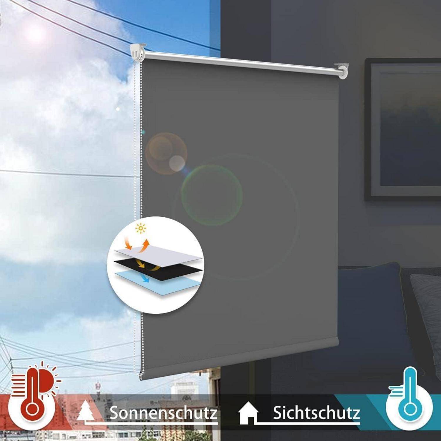 Ein grauer Fenstervorhang ist teilweise geschlossen und veranschaulicht Sonnenschutz. Ein kleines Diagramm zeigt Ebenen für Sonnen- und Sichtschutz. Markierungen: 'Sonnenschutz', 'Sichtschutz'.