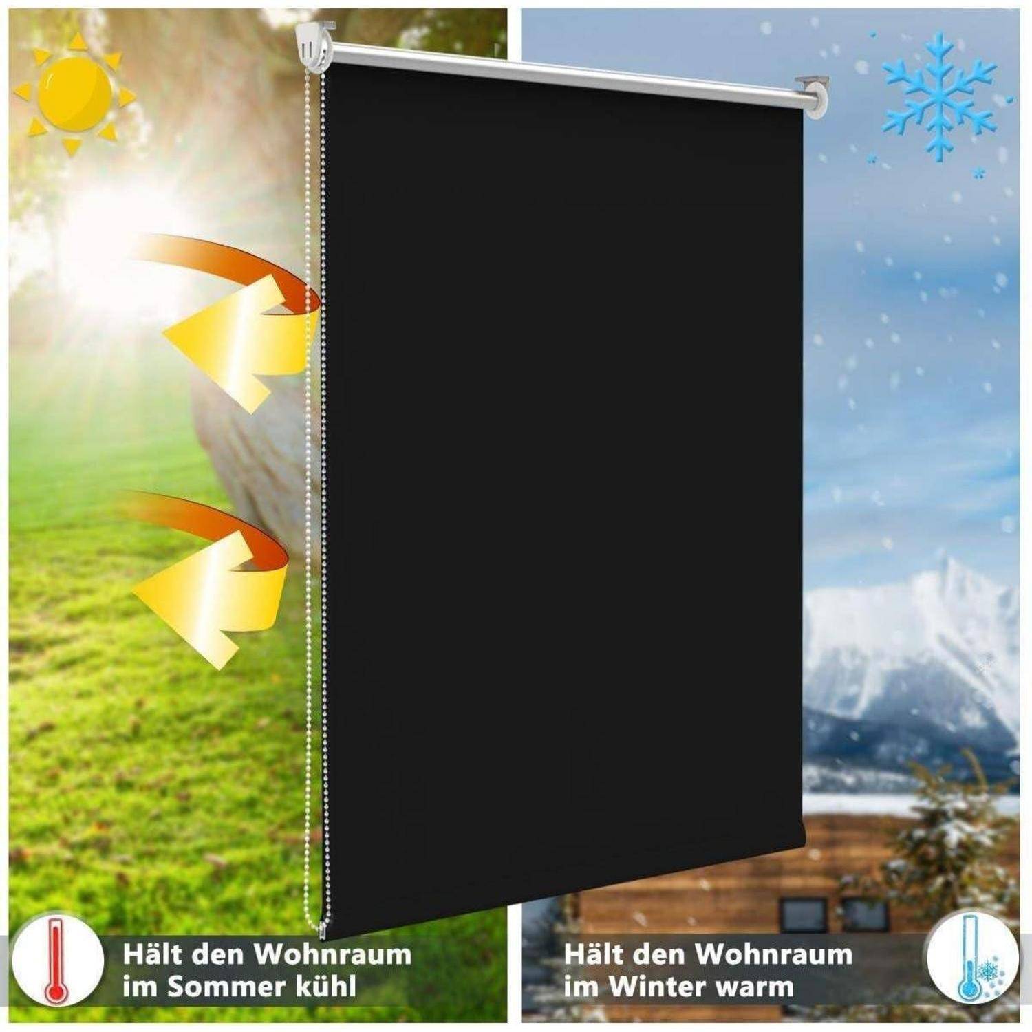 Eine Jalousie blockiert auf der linken Seite das Sonnenlicht und hält einen Raum im Sommer kühl, während sie auf der rechten Seite gegen Kälte isoliert und ihn im Winter warm hält.