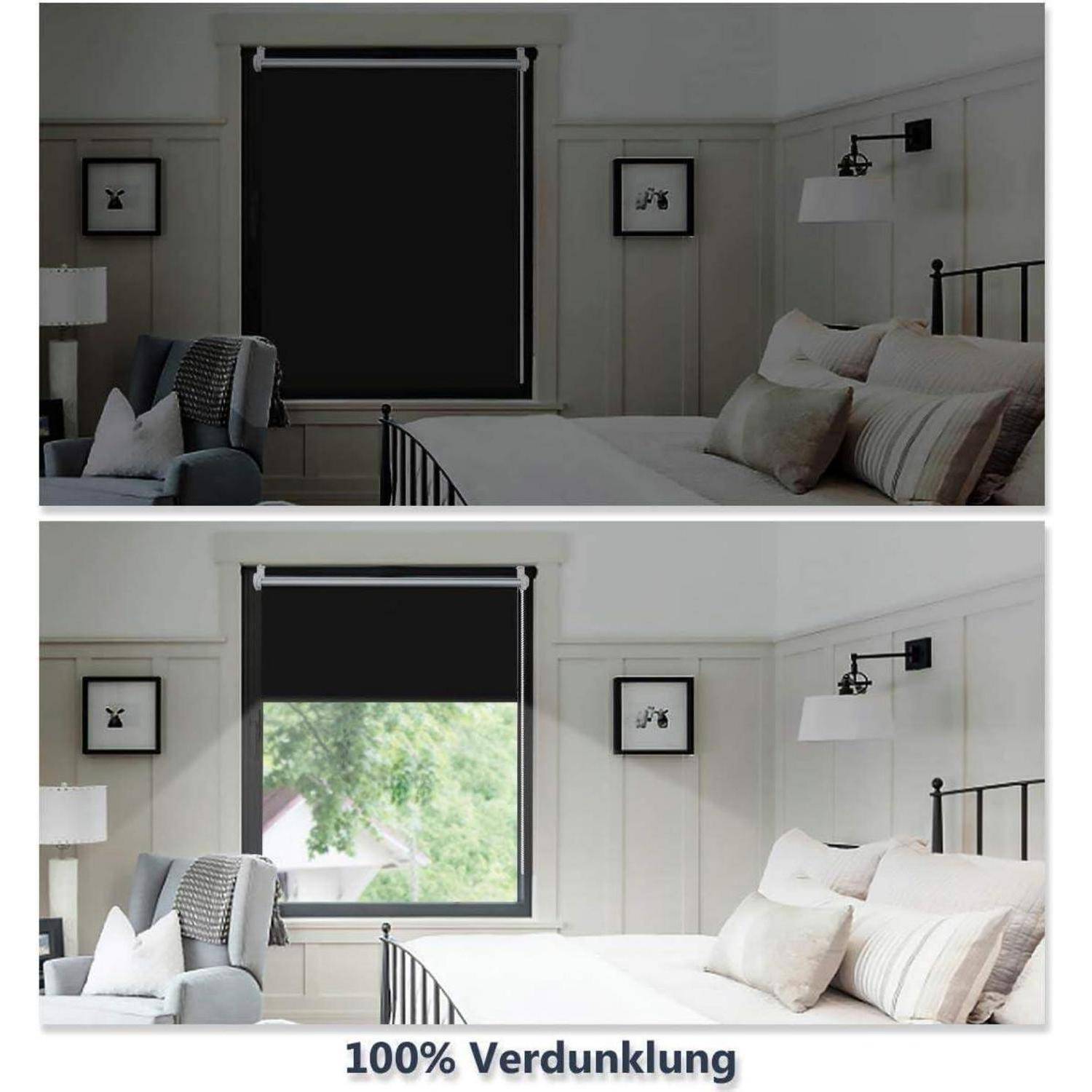 Zweiteilige Bilddarstellung zeigt ein Schlafzimmer mit dunklen Rollläden. Oberes Bild: Läden vollständig heruntergelassen, Raum dunkel. Unteres Bild: Läden zur Hälfte hochgezogen, Raum heller.