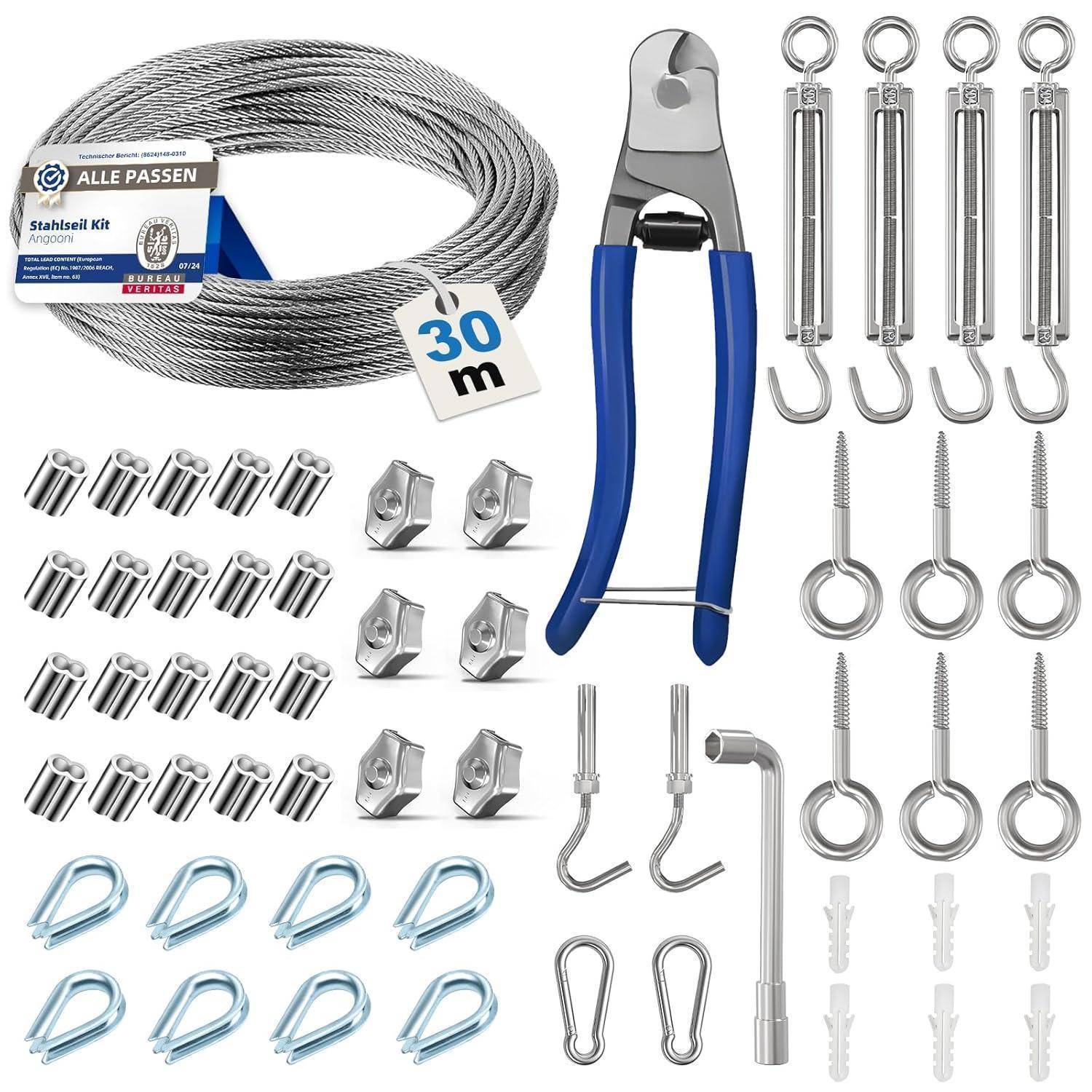 Ein 30-Meter-Stahlseilset umfasst einen blau-handlierten Schneider, Drahtseile, Spannschlösser, Klemmen, Kauschen, Ringschrauben, Haken und Kunststoffanker.