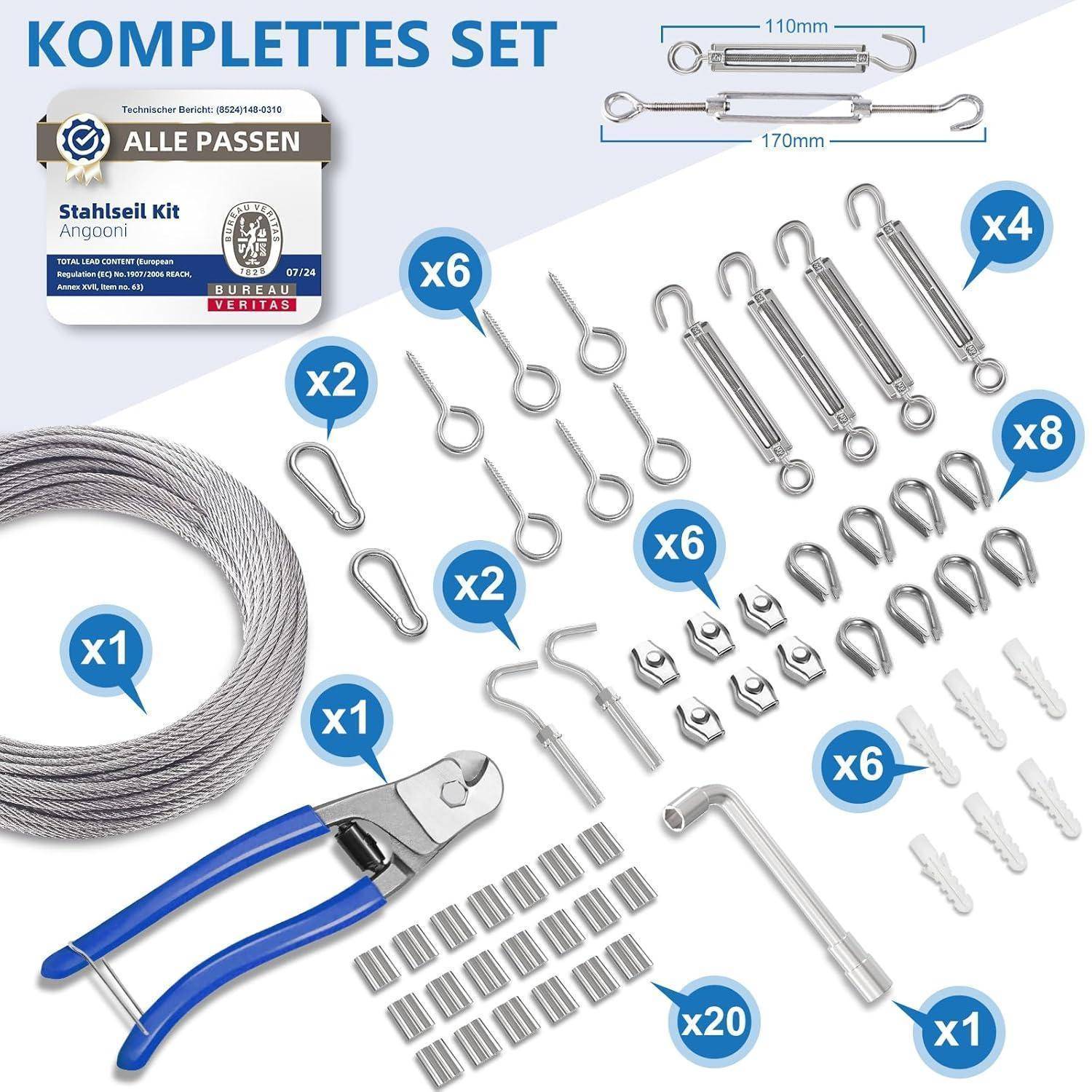 Komplettes Set' Service-Kit enthält Stahlseil, Zange, Haken, Befestigungsclips und Schrauben, wobei verschiedene Größen und Mengen auf der Verpackung detailliert aufgeführt sind.