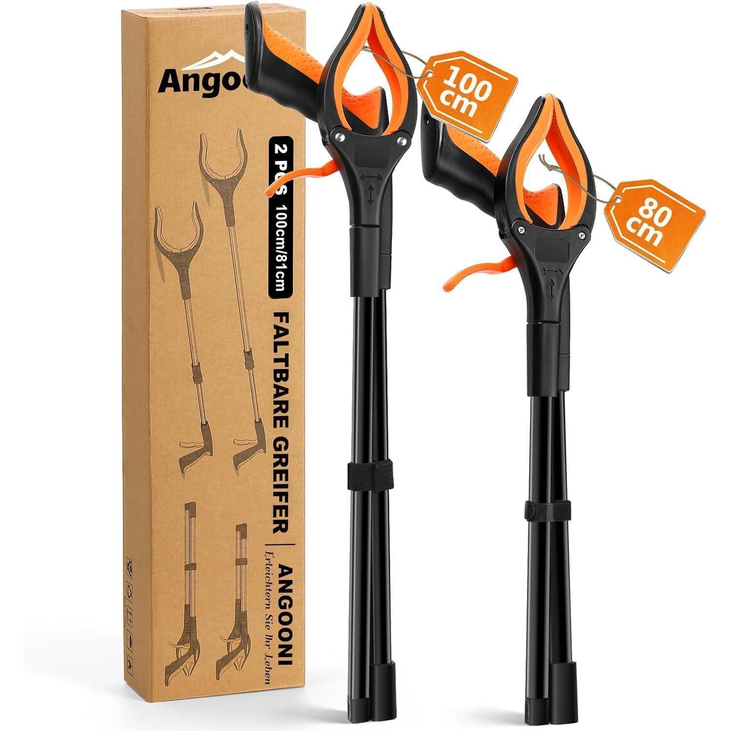 Zwei schwarze und orangefarbene Greifwerkzeuge, eines 100 cm, eines 80 cm, neben einer beschrifteten Box mit dem Produktnamen 