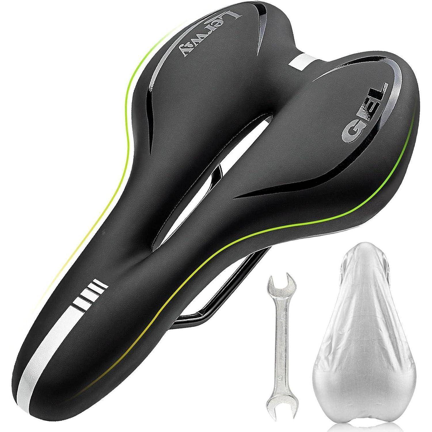 Ein schwarzer ergonomischer Fahrradsattel mit Neongrün-Akzenten, mit der Markenbezeichnung 'Gel', der neben einem kleinen Schraubenschlüssel und einer Sattelabdeckung präsentiert wird.