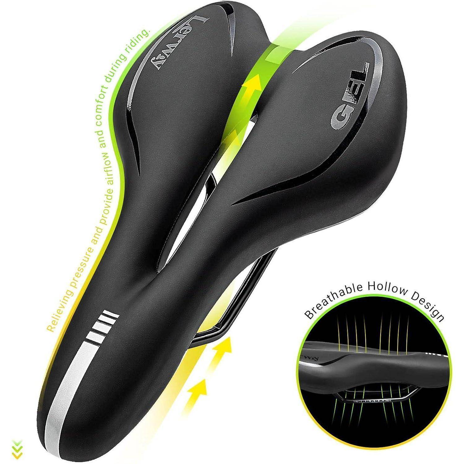 Ein schwarzer ergonomischer Fahrradsattel mit atmungsaktivem Hohldesign und Gelpolsterung. Der Text betont Druckentlastung und verbesserten Komfort.
