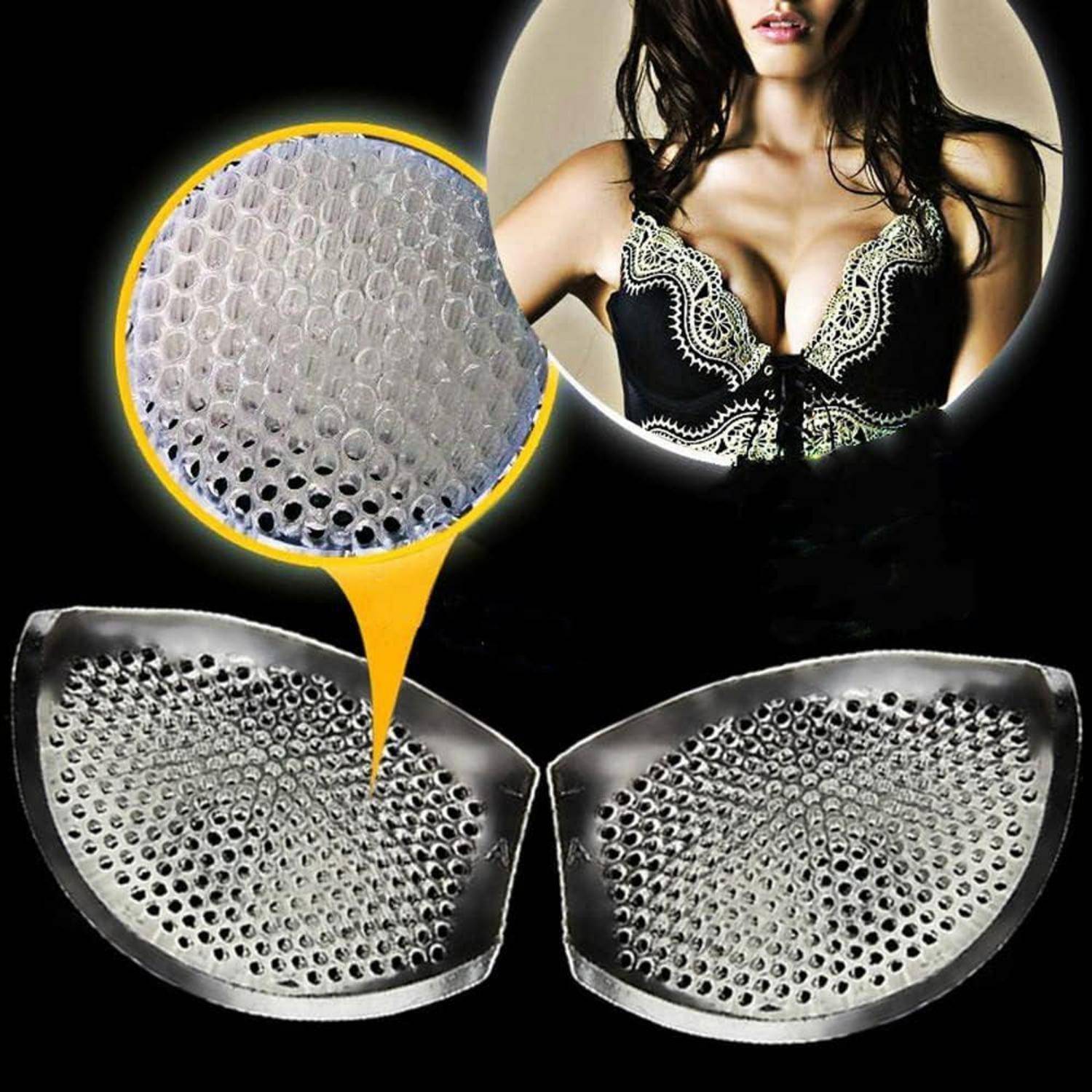 Eine Nahaufnahme von atmungsaktiven Bra-Pads mit einem Design, das Luftlöcher betont, zusammen mit einem Bild, das ihre Platzierung in einem BH hervorhebt.