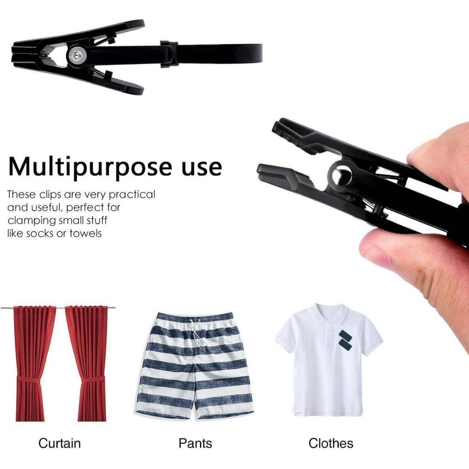 Clips für verschiedene Zwecke gezeigt, die einen Vorhang, eine Hose und ein Hemd festhalten. Nützlich zum Befestigen kleiner Gegenstände wie Socken oder Handtücher.
