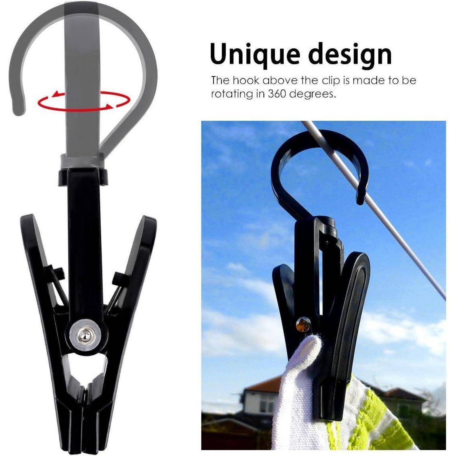 Klammer mit rotierendem Haken-Design, die eine 360-Grad-Drehung ermöglicht. Zu sehen, wie sie Stoff an einer Wäscheleine vor einem Hintergrund aus blauem Himmel und Häusern befestigt.