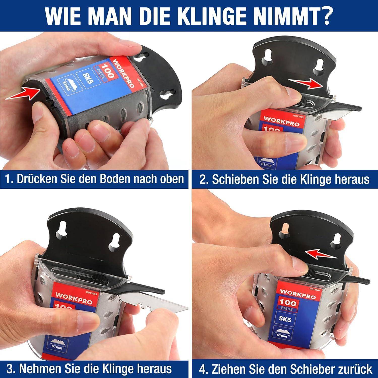 Wie man die Klinge nimmt?' Anleitung mit vier Schritten: Boden drücken, Klinge herausschieben, Klinge entnehmen und Schieber zurückziehen.