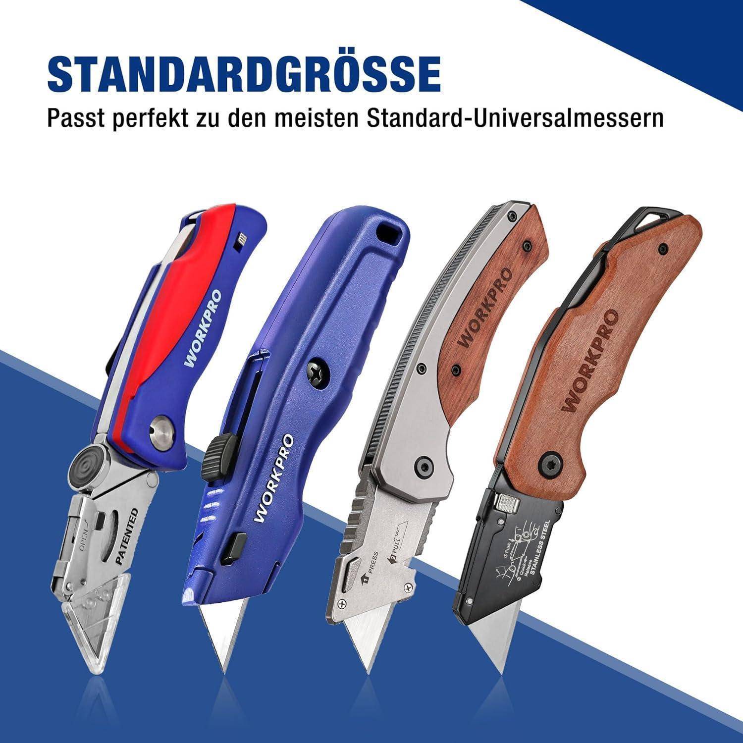Bild zeigt vier Universalmesser mit der Beschriftung 'WORKPRO'. Die Messer haben unterschiedliche Designs und Farben, und der Text lautet: 'STANDARDGRÖSSE Passt perfekt zu den meisten Standard-Universalmessern'.