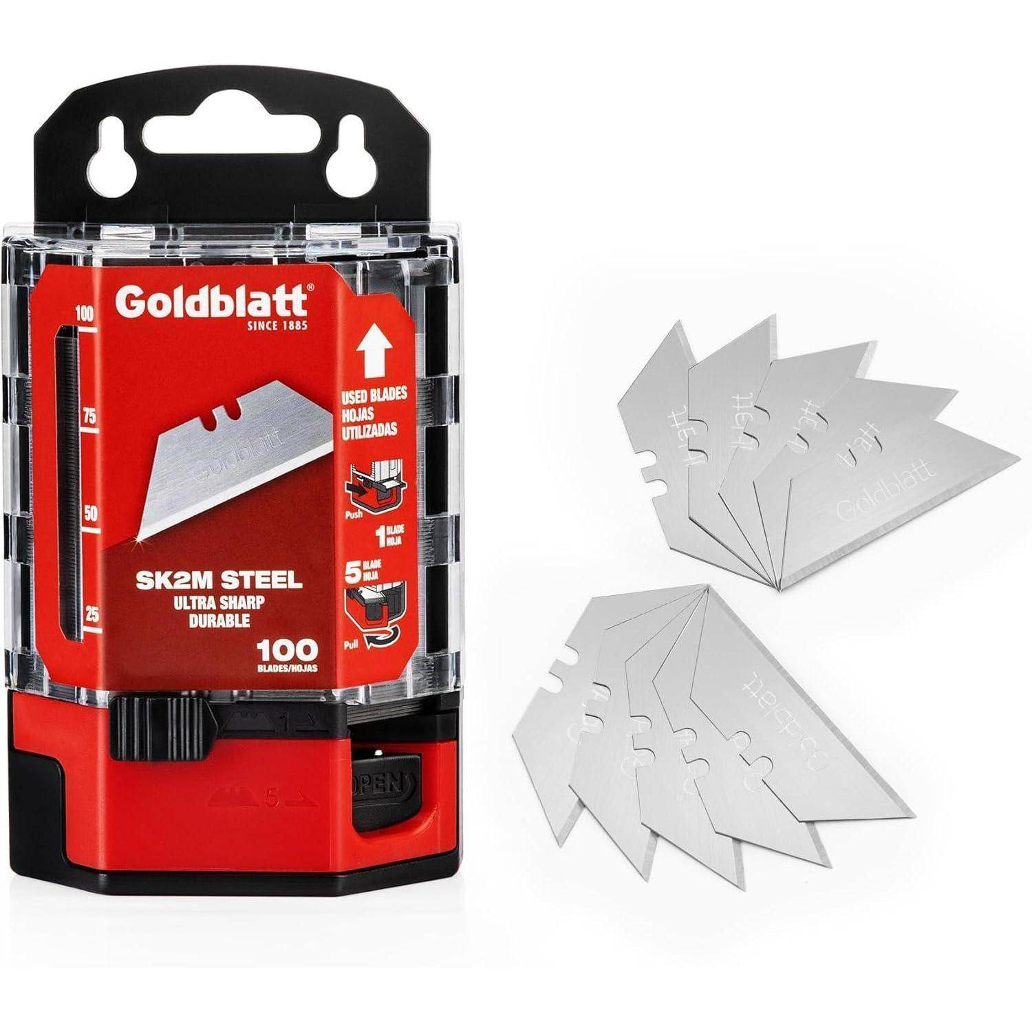 Goldblatt' Utility-Messerklinge Pack mit 100 SK2M Stahlklingen, ultra-scharf, langlebig. Enthält eine Spenderdose und lose Klingen.