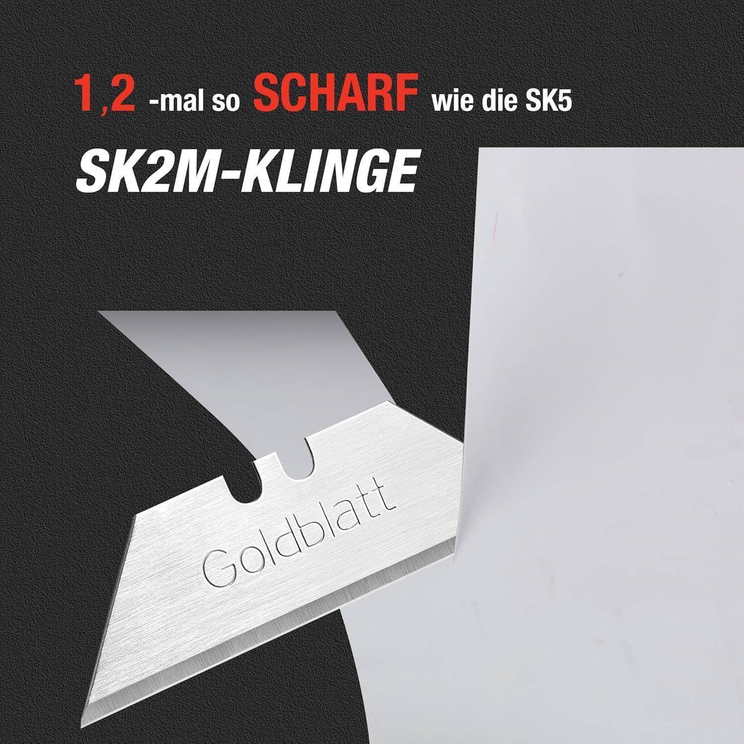 Ein Nahaufnahme einer Klinge mit dem Wort Goldblatt eingraviert. Deutscher Text betont die Schärfe und vergleicht sie mit SK5.