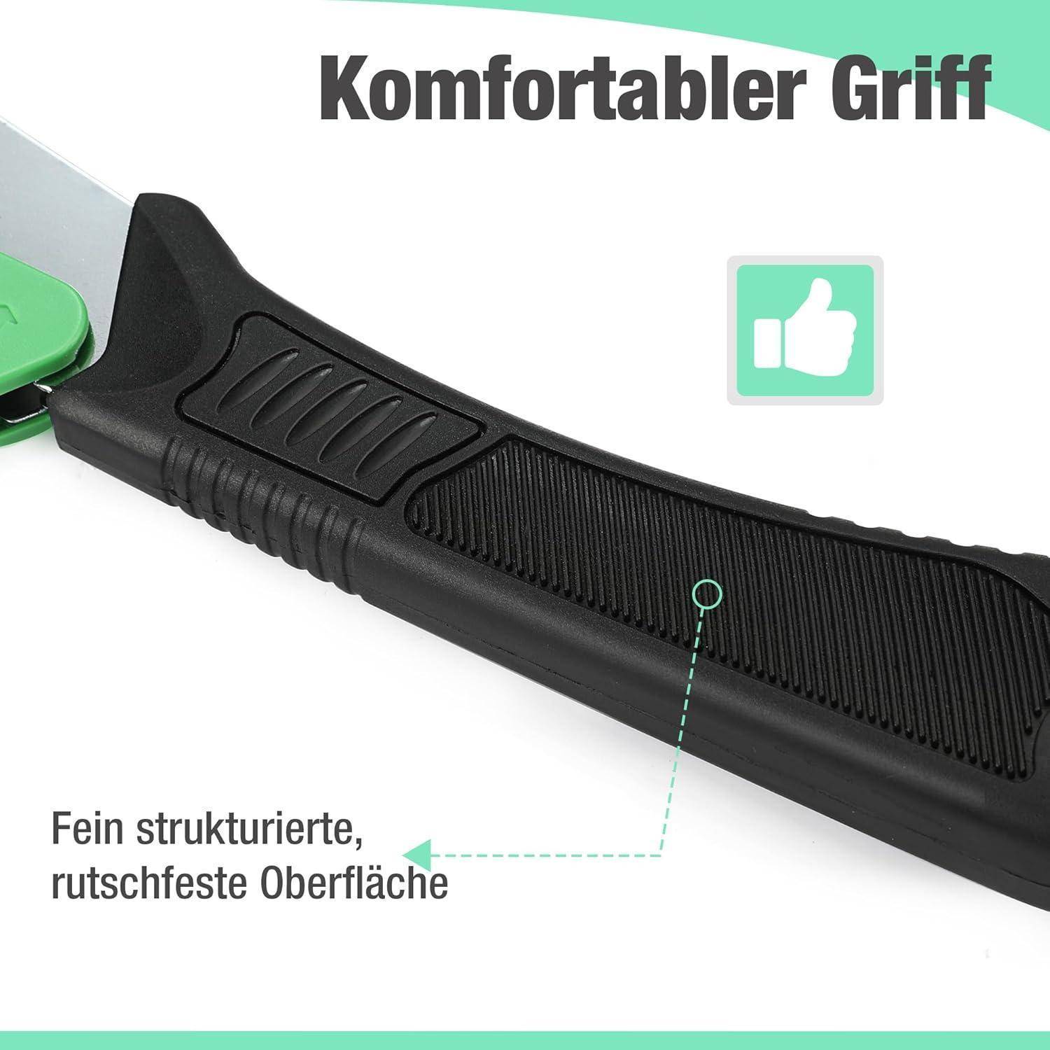 Eine Nahaufnahme eines schwarzen Messergriffs mit dem Text 'Komfortabler Griff' und 'Fein strukturierte, rutschfeste Oberfläche', die die Griffbequemlichkeit verdeutlicht.