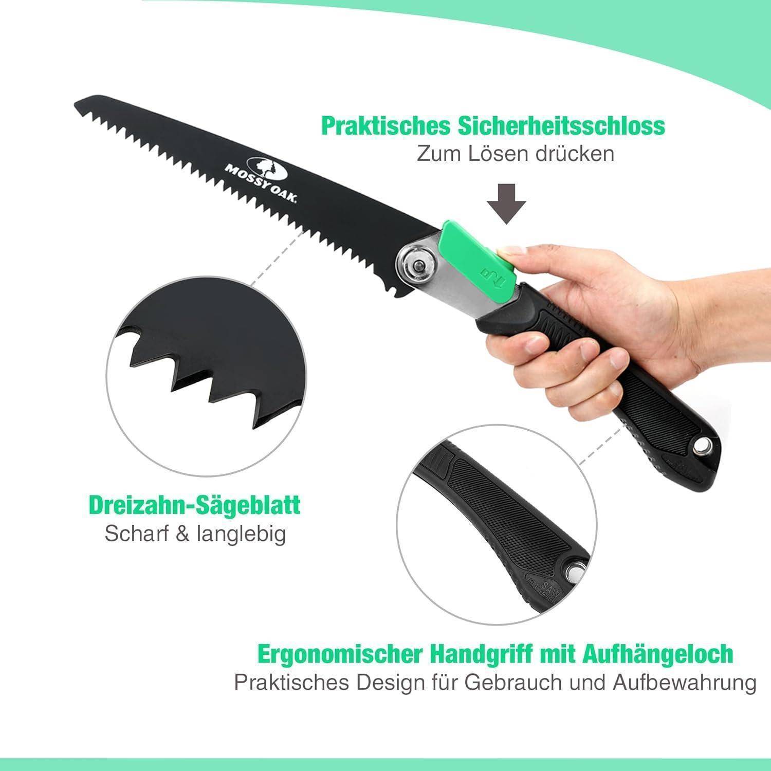 Hände, die eine Handsäge mit einer langen, scharfen Klinge halten. Text auf Deutsch hebt Merkmale hervor: ergonomischer Griff mit Aufhängeloch, praktische Sicherheitsverriegelung und scharfe Klinge.