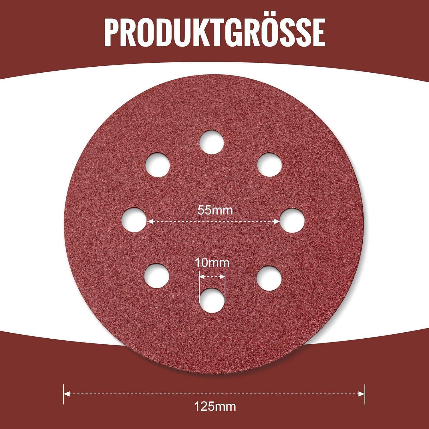 Roter, kreisförmiger Schleifdisc mit acht Löchern, mit Aufschrift 'Produktgröße'. Durchmesser beträgt 125 mm; zentrales Loch ist 10 mm, die anderen 55 mm.