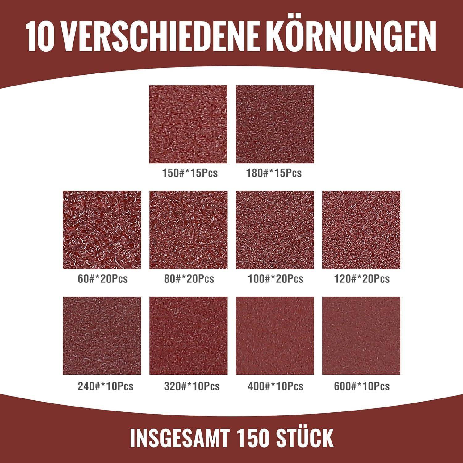 Schleifpapierset mit 10 verschiedenen Körnungen: 150, 180, 60, 80, 100, 120, 240, 320, 400 und 600. Gesamt: 150 Stück.