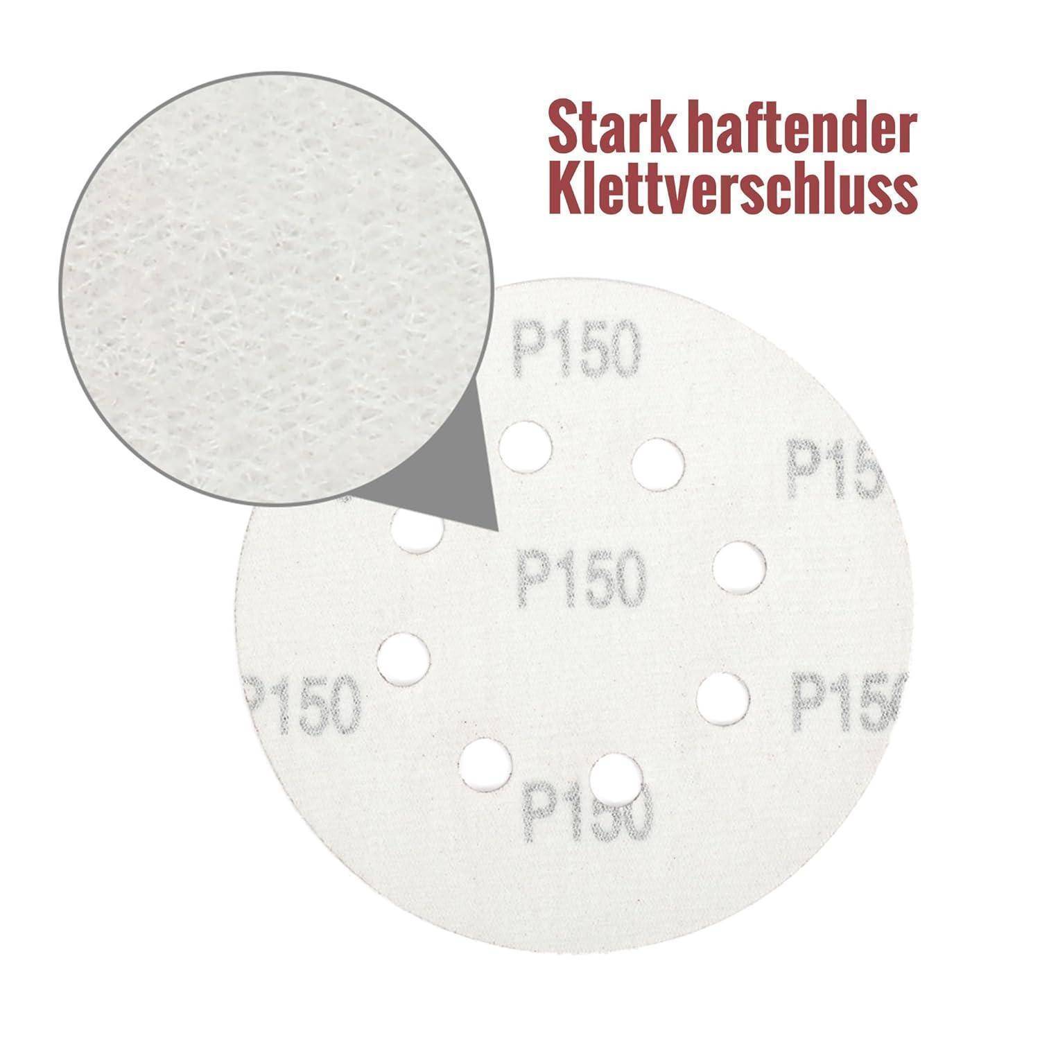 Runder Schleifpapierdisc mit 'P150' aufgedruckt, versehen mit Löchern zur Staubbindung und einer hervorgehobenen Detailansicht seiner rauen Textur. Text lautet 'Stark haftender Klettverschluss'.