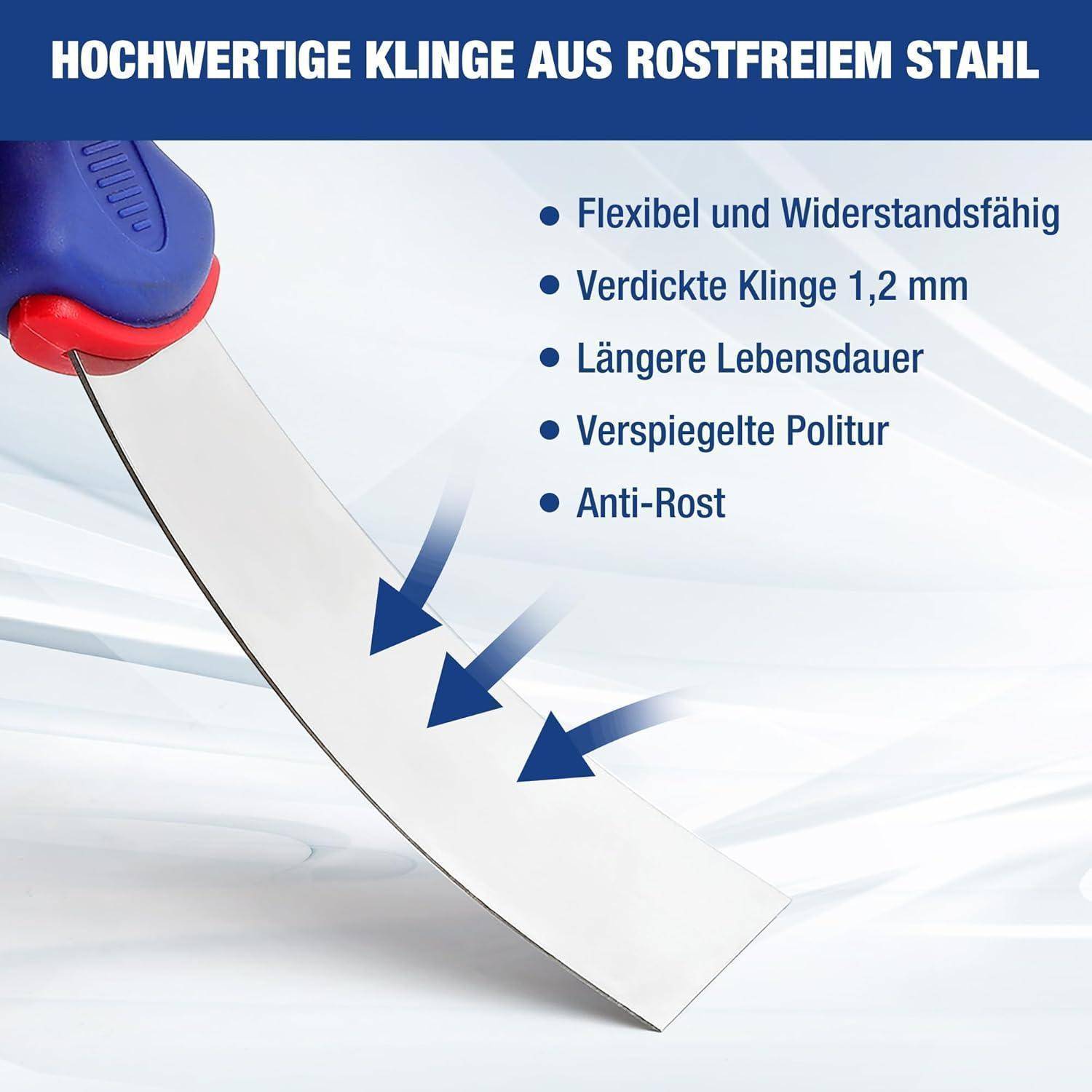 Eine hochwertige Edelstahlklinge mit folgenden Eigenschaften: flexibel und langlebig, 1,2 mm dick, längere Lebensdauer, Hochglanzpolitur, rostbeständig.