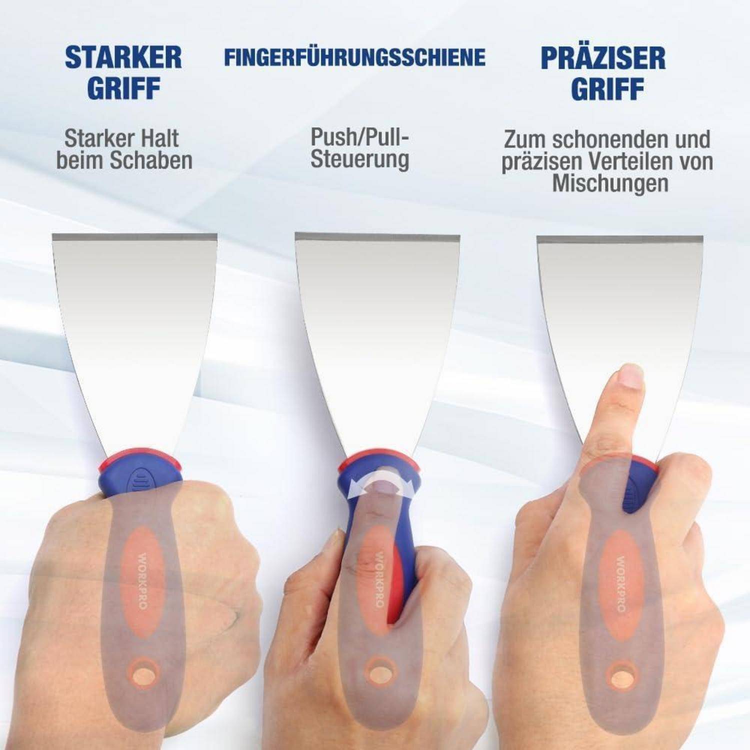 Drei Hände, die Spachtel halten, mit Text: 'Starker Griff', 'Fingerführungsschiene', 'Präziser Griff'; Hervorhebung der Griffeigenschaften.