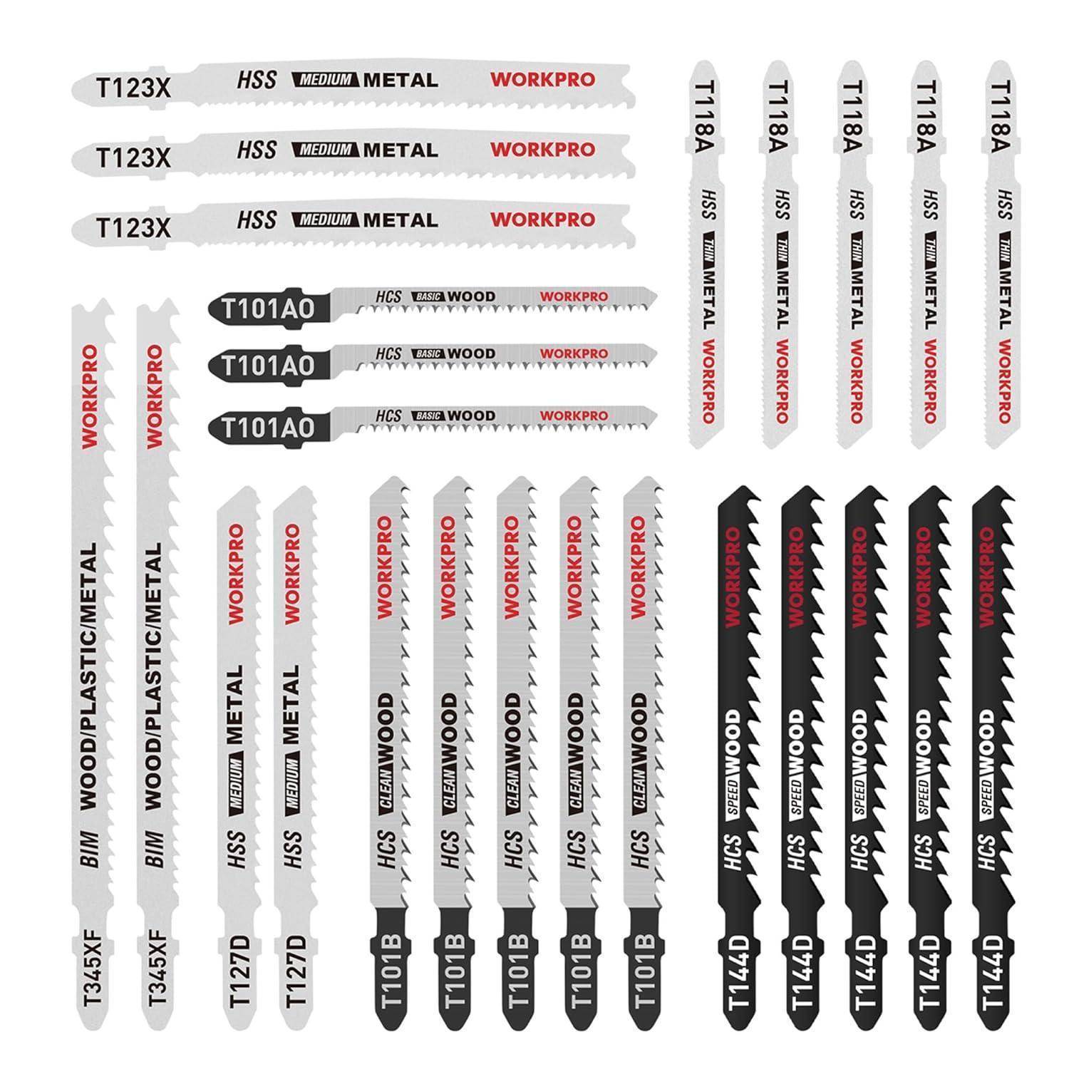 Gemischtes Stichsägeblätter-Set, das Sägeblätter zum Schneiden von Holz, Metall und Kunststoff umfasst. Verschiedene Größen und Typen, einschließlich HSS- und BiM-Sägeblätter.