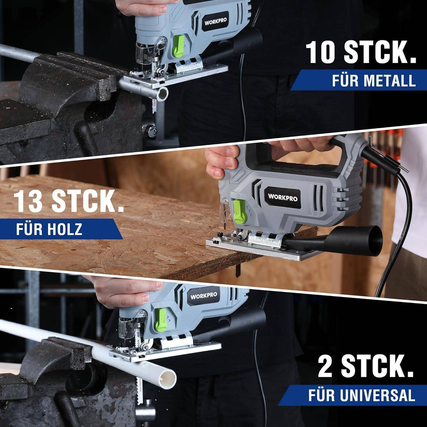 Eine Werkbank mit drei Sägeblättern zum Schneiden verschiedener Materialien: '10 Stck. für Metall', '13 Stck. für Holz' und '2 Stck. für Universal'.