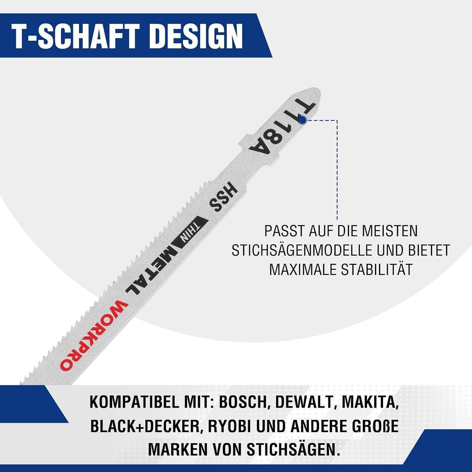 Eine Sägeblatt mit der Aufschrift 'T-Schaft', versehen mit deutschem Text, der die Kompatibilität mit verschiedenen Marken von Elektrowerkzeugen bewirbt und maximale Stabilität garantiert.