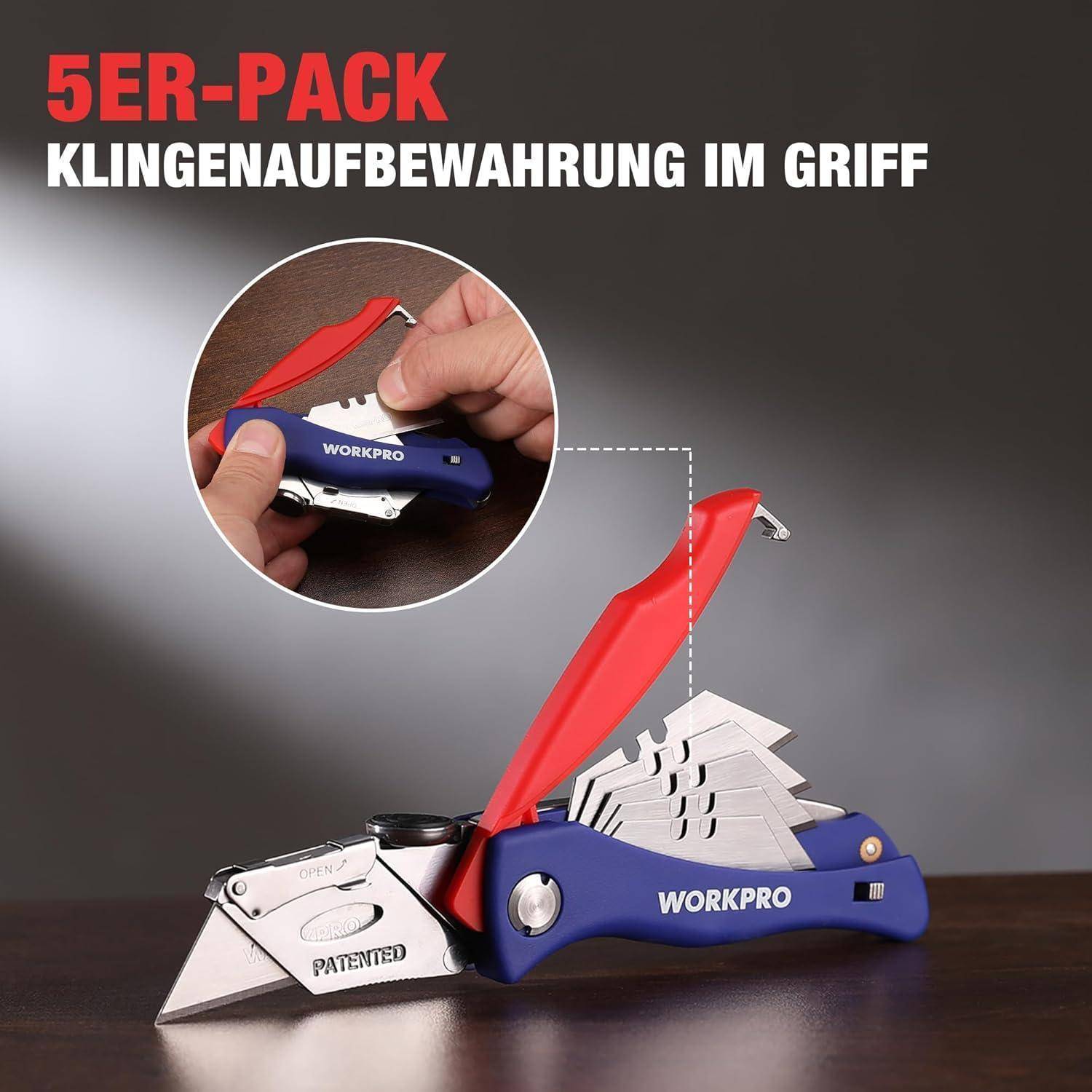 Eine Hand tauscht eine Klinge in einem WORKPRO Universalmesser. Der Text liest sich „5er-Pack