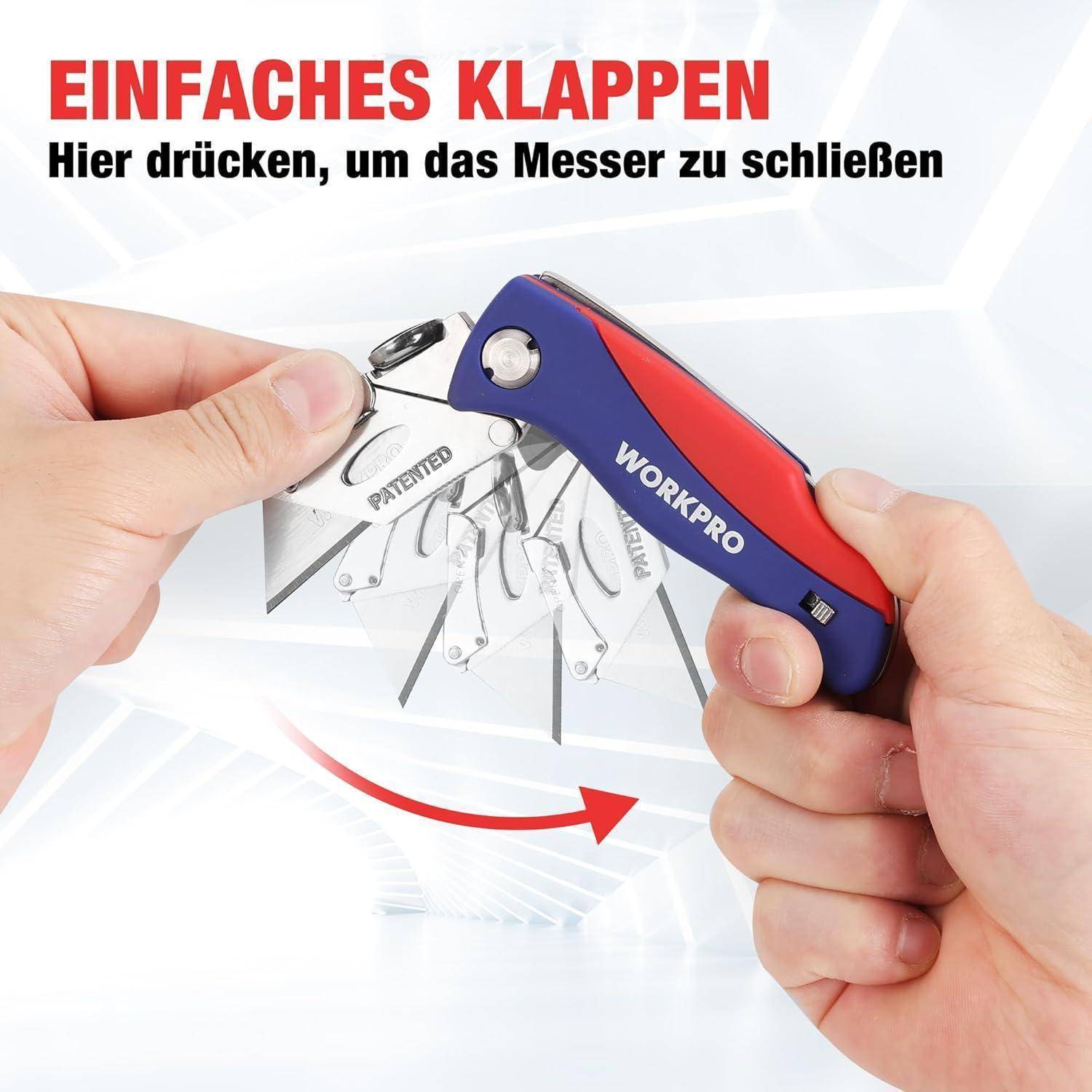 Eine Hand faltet ein WORKPRO Utility-Messer mit einem rot-blauen Griff. Der Text lautet: 'EINFACHES KLAPPEN: Hier drücken, um das Messer zu schließen'.
