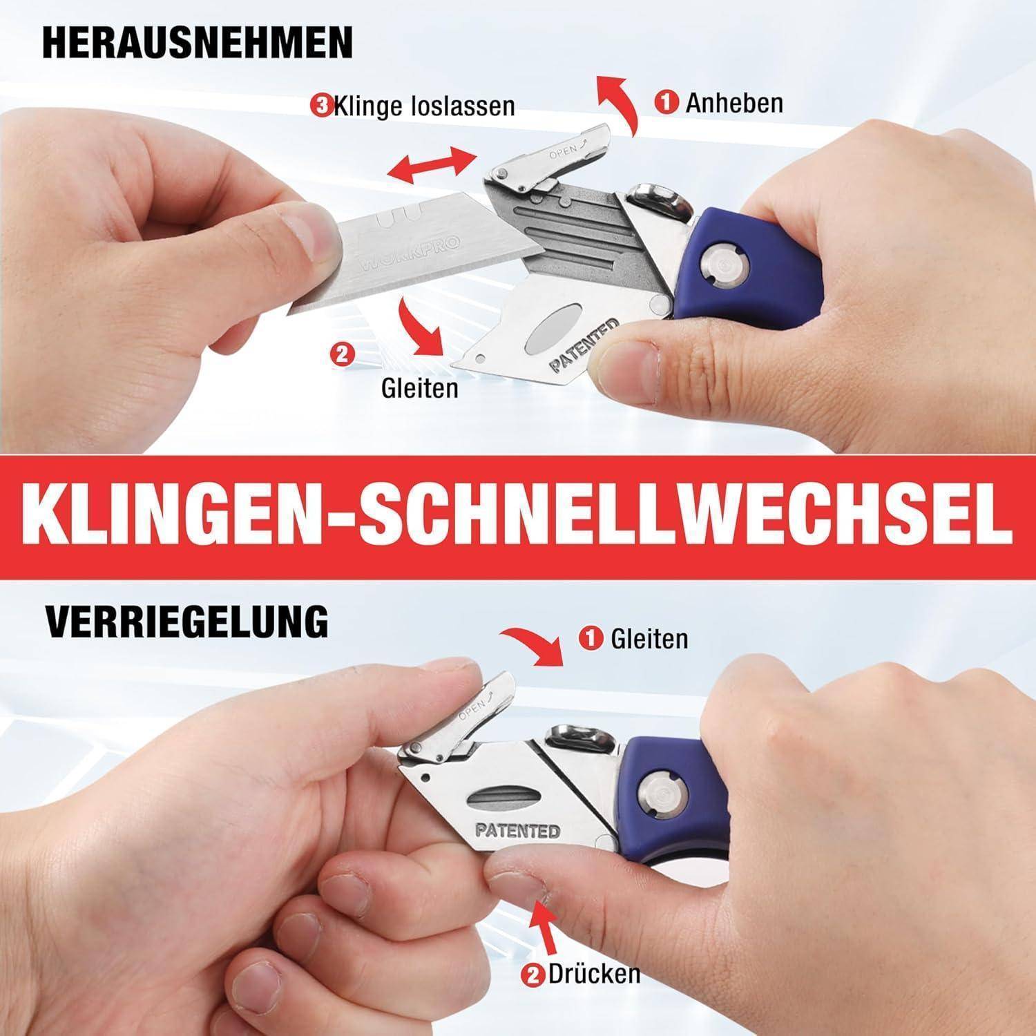 Klingen-Schnellwechsel' Anleitung: Oberes Bild zeigt das Entfernen einer Klinge durch Anheben, Lösen und Herausziehen. Unteres Bild zeigt das Verriegeln durch Schieben und Drücken.
