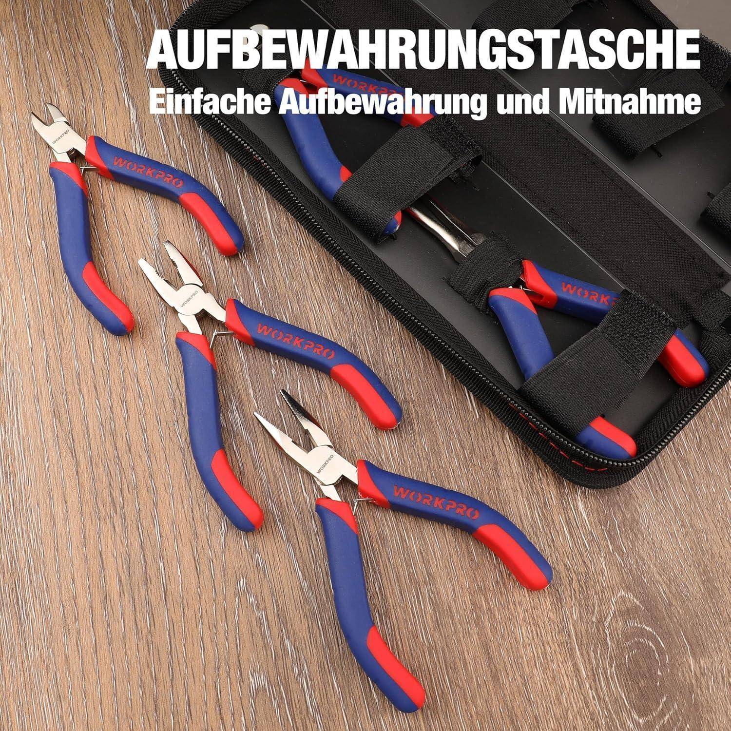 Ein Set aus vier Werkzeugen mit roten und blauen Griffen, die neben einem schwarzen Aufbewahrungskoffer ausgelegt sind. Deutscher Text über Lagerung und Transportierbarkeit oben.