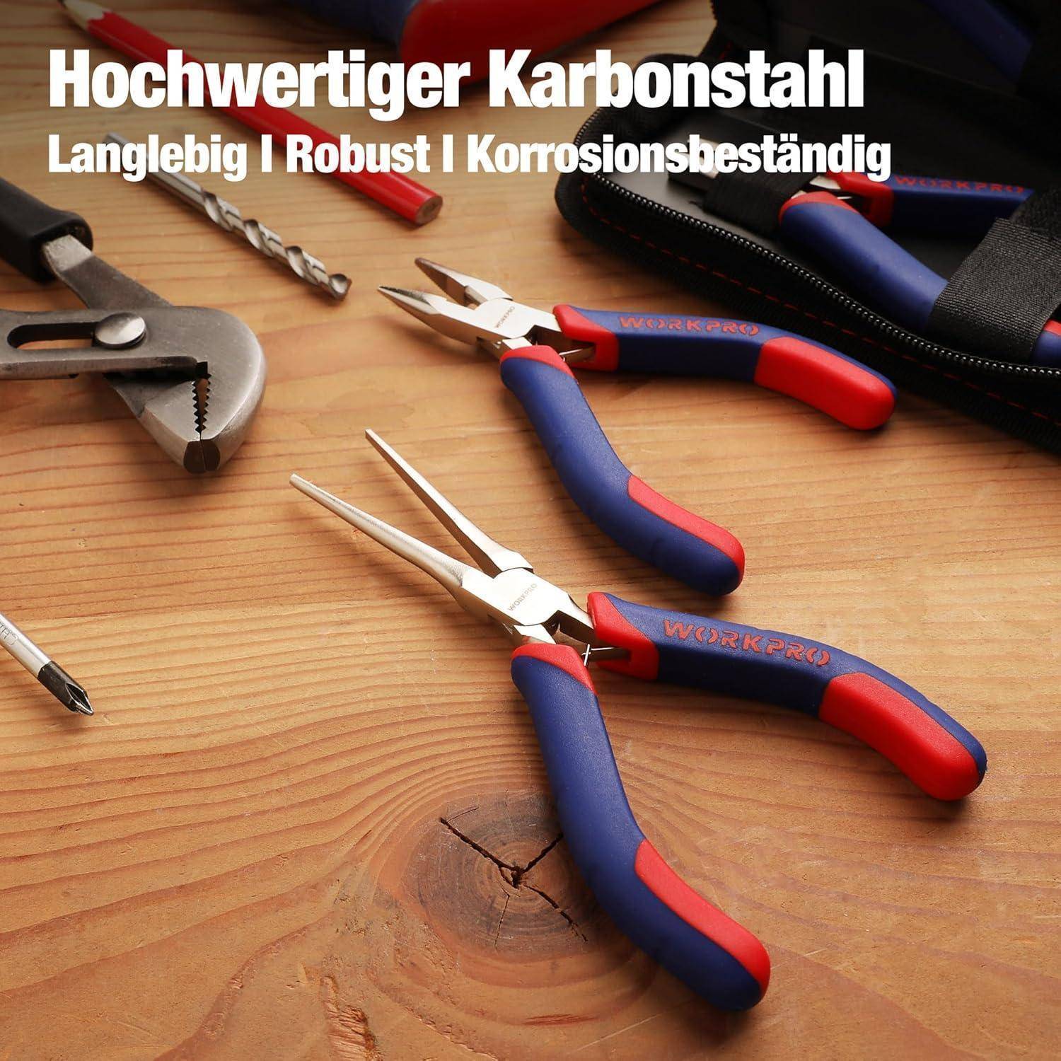 Ein Satz Zangen mit roten und blauen Griffen auf einer Holzoberfläche. Text darüber liest sich: 