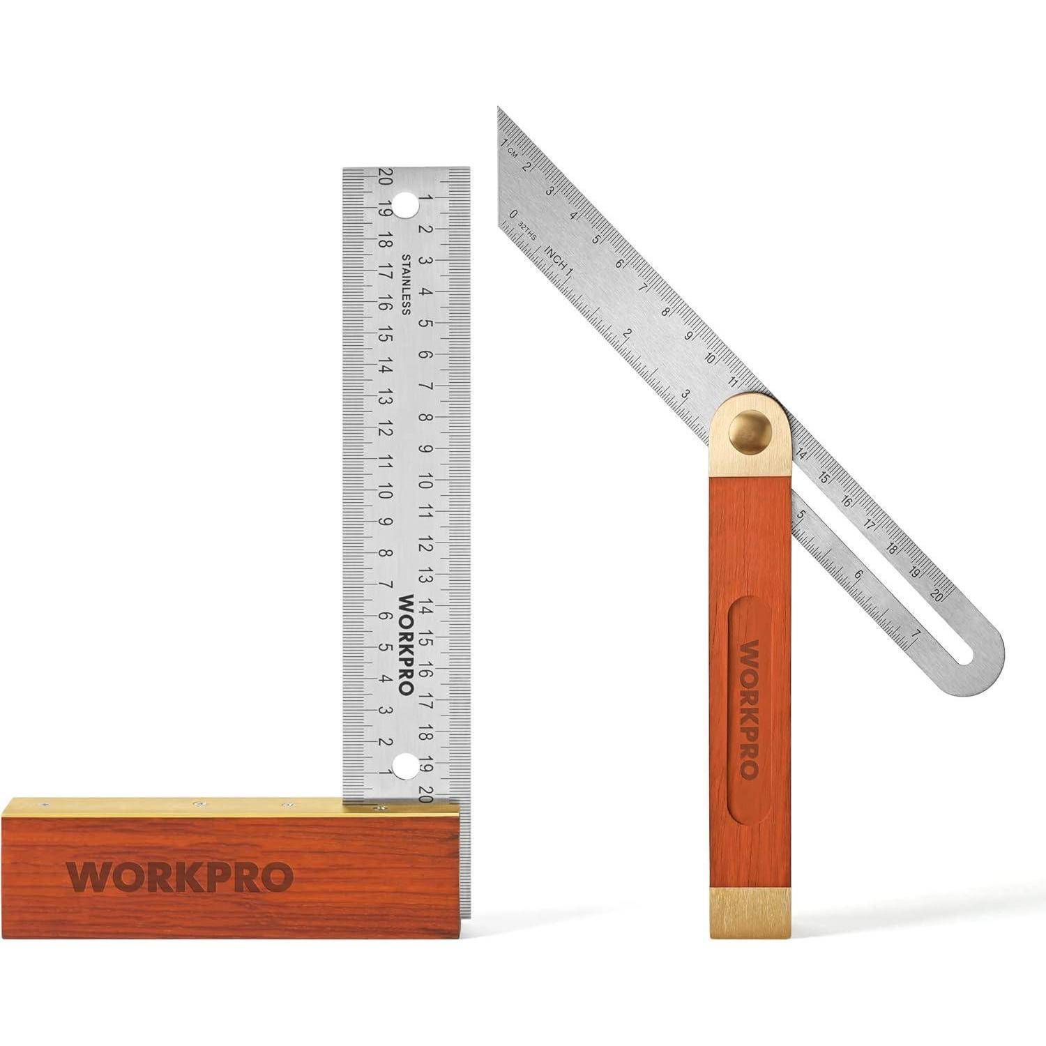 Zimmermannswinkel und Meterstab aus Metall und Holz, mit 'WORKPRO' gekennzeichnet, verwendet für genaue Messungen und Winkel.