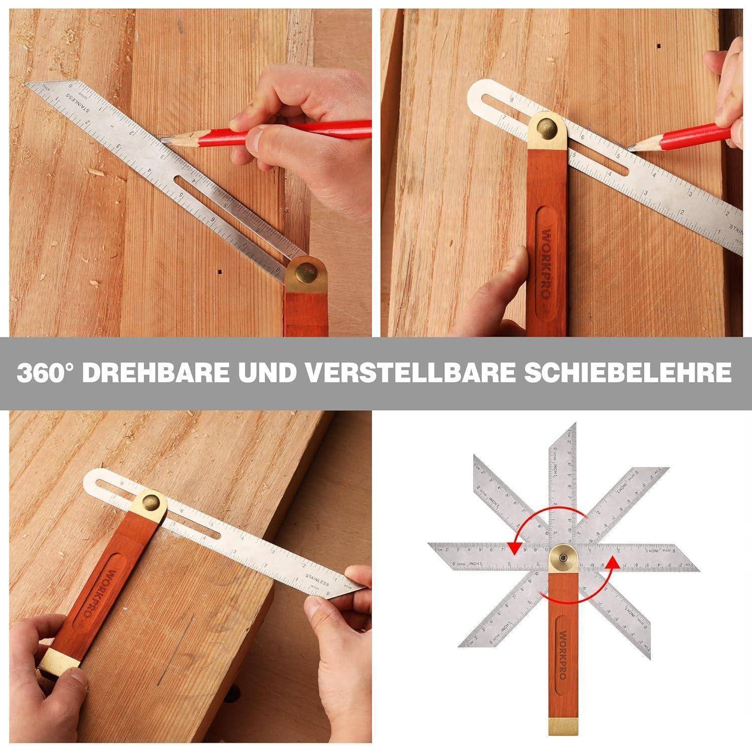 Ein vierteiliges Bild, das einen um 360° winkelverstellbaren Messschieber zeigt, der auf Holz für präzise Messungen verwendet wird. Text lautet: '360° Drehbare und Verstellbare Schiebelehre.